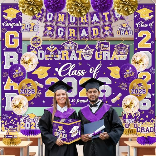 Image of Graduation Decorations Class of 2026 Purple and Gold Graduation Decorations with Congrats Grad Banner,Backdrop,Porch Sign,Balloons,Hanging Swirls,Honeycomb Centerpieces,Box for Graduation Party Decor