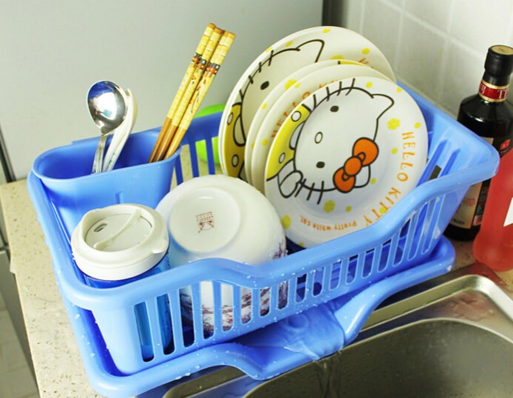 Dish Drainer Kitchen 3-Piece Set Dish Rack Plastic Drain Dishes Racks Dishes Shelves (Blue)