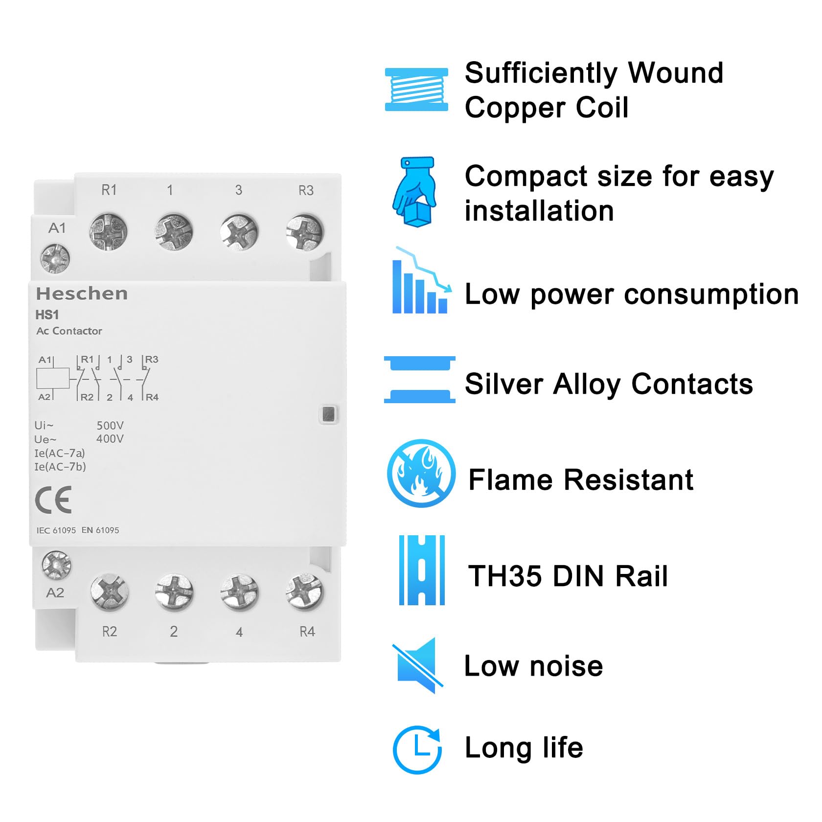 Contacteur Heschen HS1-63 4 Pôles 2NO 2NC – 220V/240V Bobine – Rail DIN 35 Mm 63A