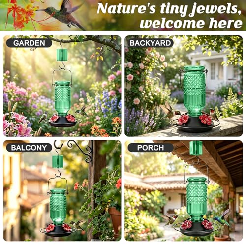 Image of FEED GARDEN Glass Hummingbird Feeder 2 Pack, 16oz Leak-Proof with Ant Moat & Bee Guards, Easy Clean Wide Mouth, Metal Perches, Green Outdoor Hanging