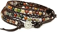 BLUEYES COLLECTION Handmade India Agate Genuine Leather 3-Wrap Bracelet - Stainless Steel Snap Button, Adjustable 23"