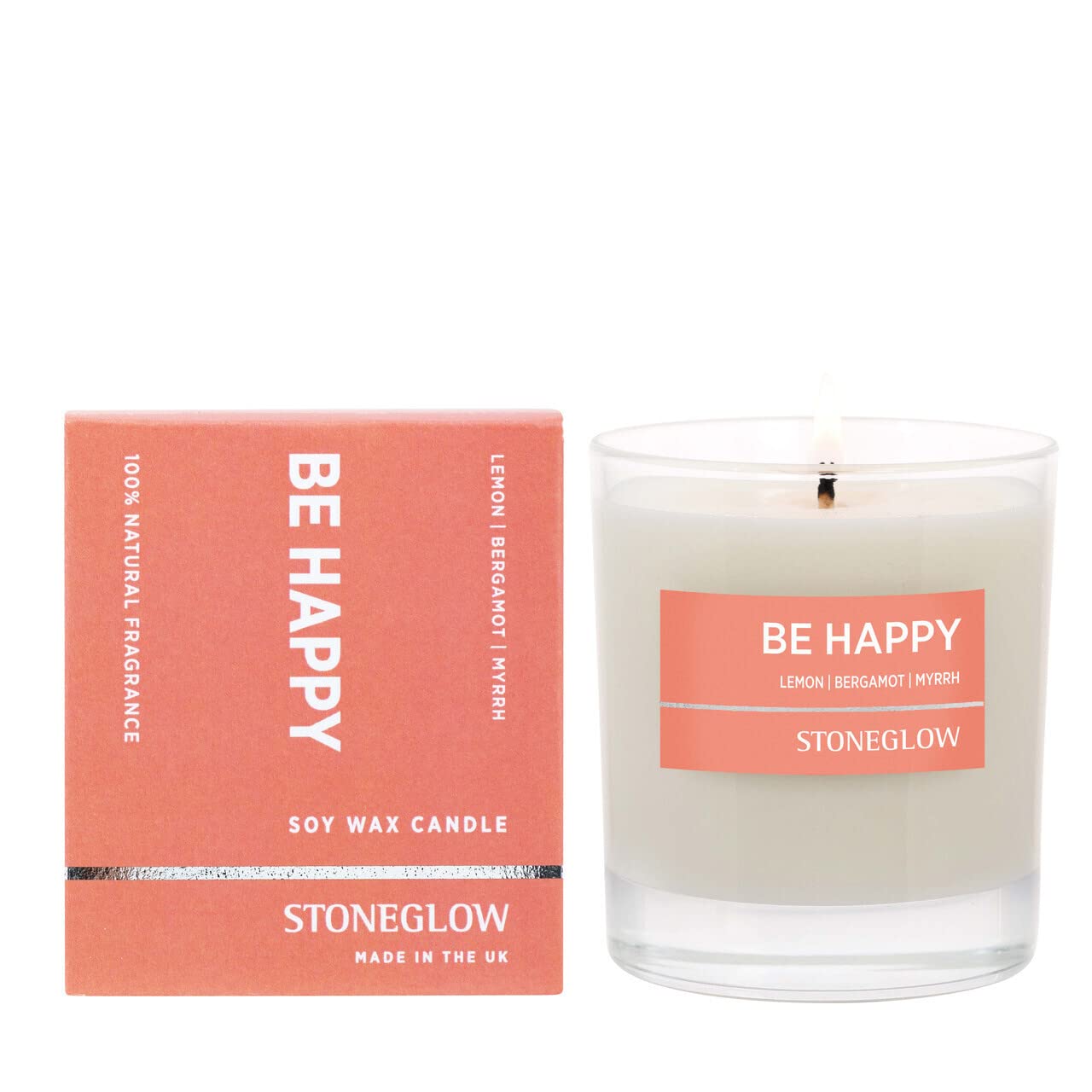 Stoneglow Wellbeing Collection - Be Happy 220 Grams Scented Candle - Lemon, Bergamot, Myrrh (Orange)