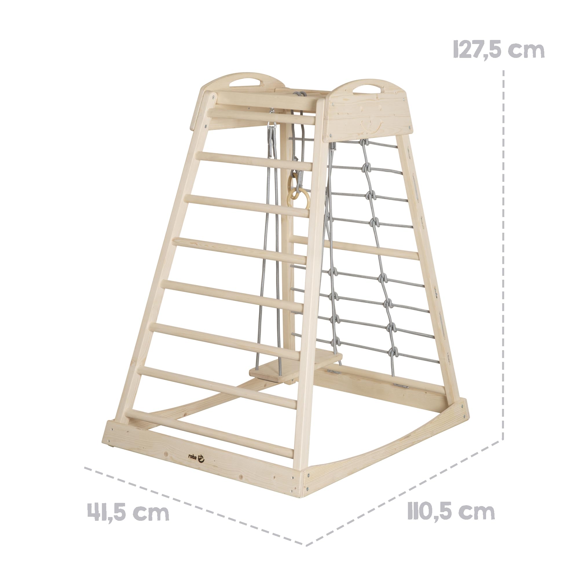 roba Tour de Jeu Intérieure en Bois – Structure Montessori avec Barreaux et Corde d’Escalade – Convient dès 24 Mois – Avec Balançoire en Bois Massif – Charge jusqu’à 70 kg – Naturel/Gris