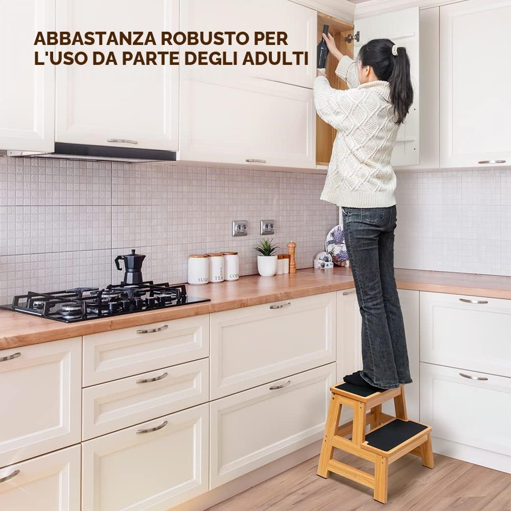 StrongTek Sgabello in legno 43 cm per adulti e bambini, versatile per cucina/letto/armadio, superficie antiscivolo, sicurezza e stabilità, capacità 227kg