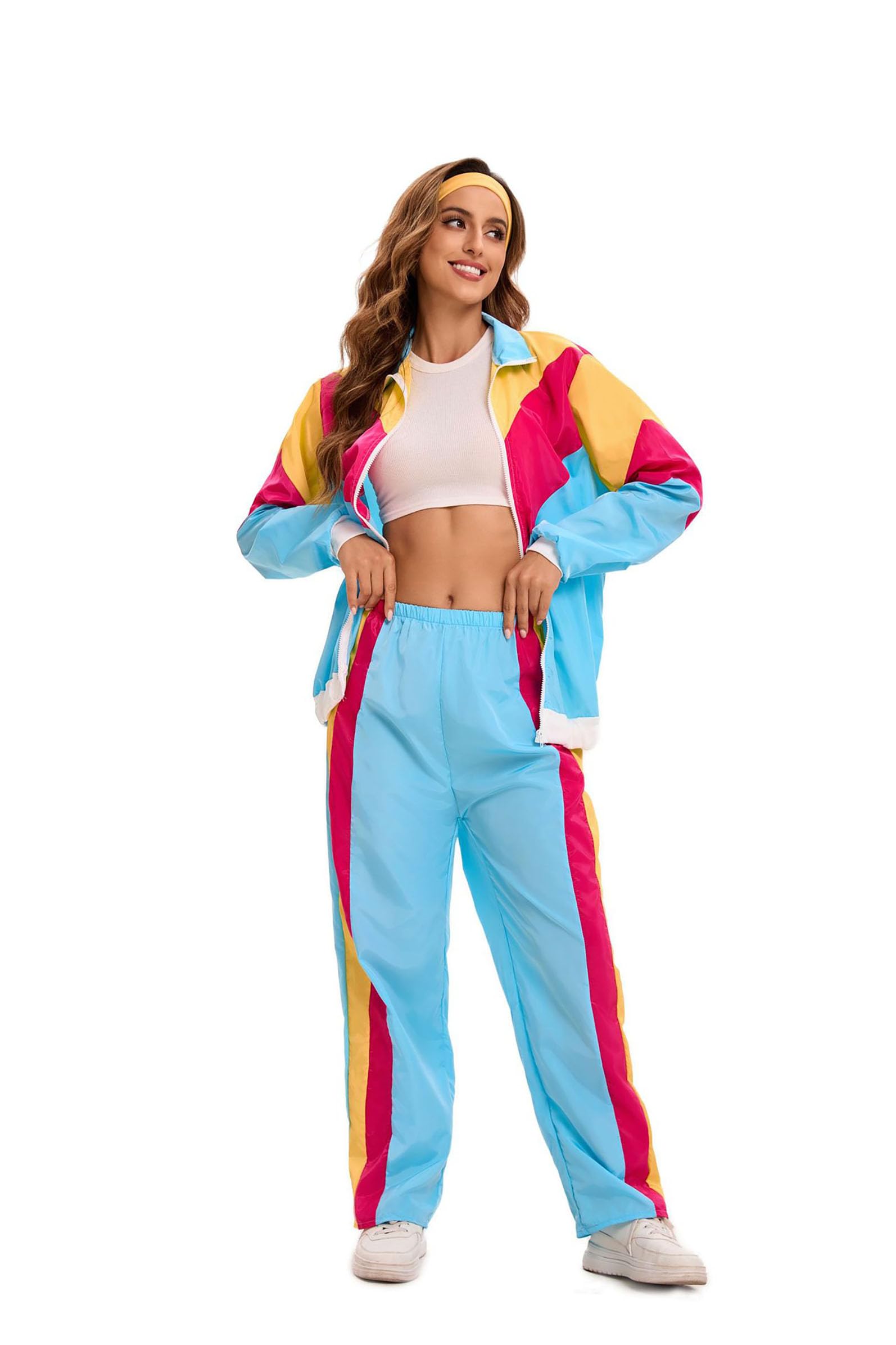 Velcoxplay Women's 80s 90s Retro Tracksuit Disco Suit Jacket Trousers for Carnival Fancy Dress Costume Blue and Pink, M - Image 4