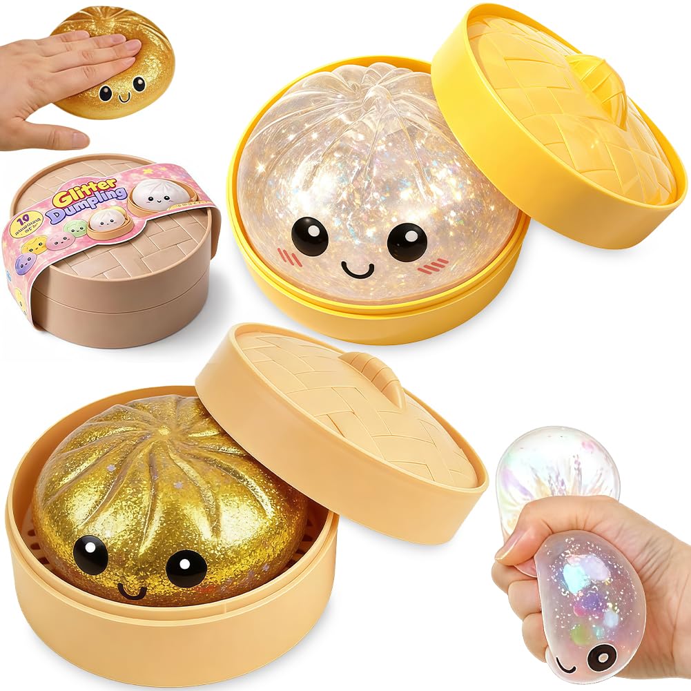 MIFKLMV 2 Pcs Giant Dumpling Squishy, Giant Dumpling Squishy Toy, Toy Dumplings with Steamer Box, Soft Squeeze Dough Hand Fidget Toys, Funny Slow-Rise Stress Toys, Golden/Colorful