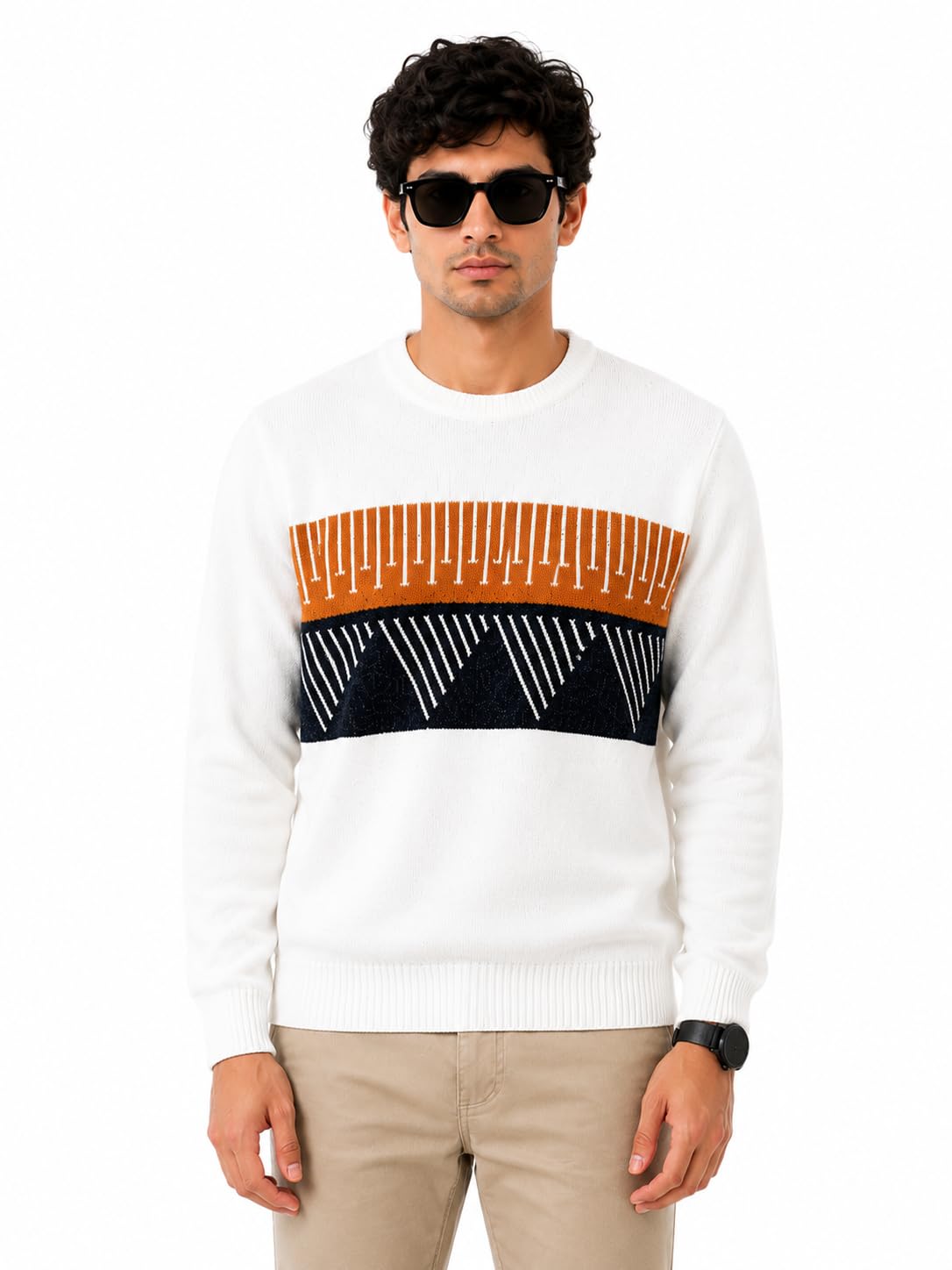 Men's Self Design Round Neck Full Sleeve Sweater | Soft Knit Winter Pullover Regular Fit Casual Geometric Pattern Sweater for Men-picture-48