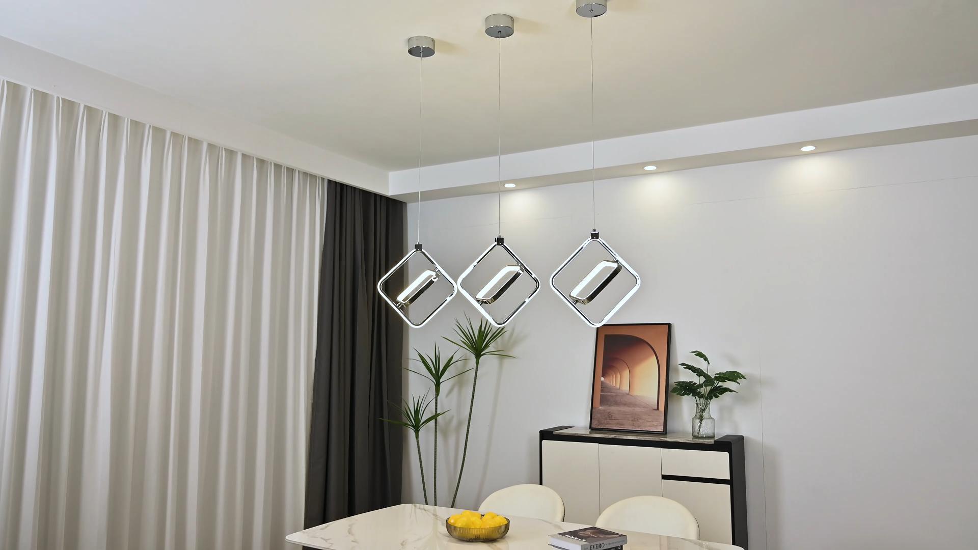 Image of Modern LED Chandelier Chrome Rectangular Pendant Light Fixtures 4000K 20W Dimmable Height Adjustable Pendant Lighting for Dining Room Kitchen Island Bedroom Living Room Foyer(3-Pack)