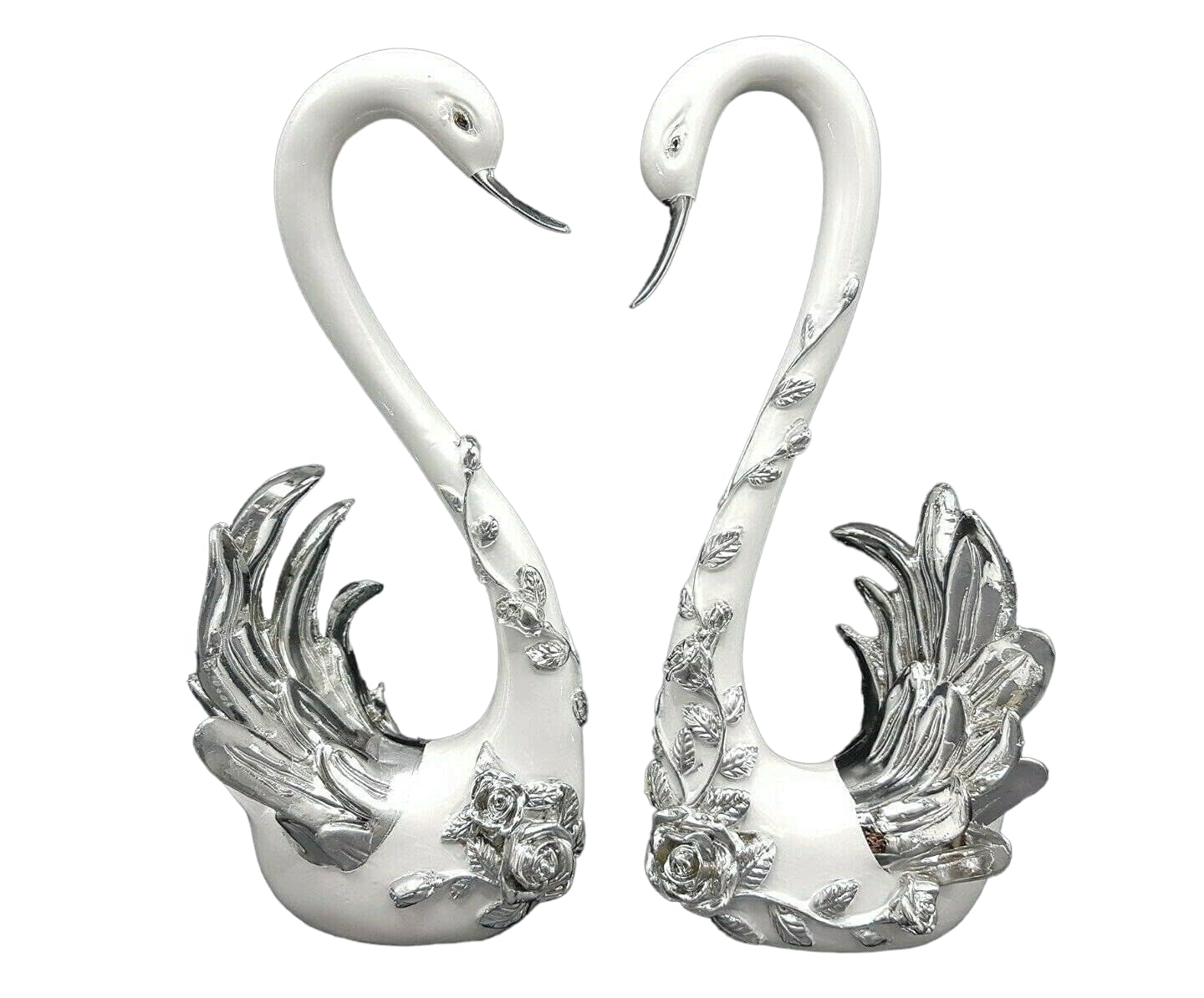 CRYSTAL CROWN ornament bling diamond gift | XXL italian large pair swan romany diamante swans shelf sitter figurine| crushed diamond display |present, home decor (Silver + White)