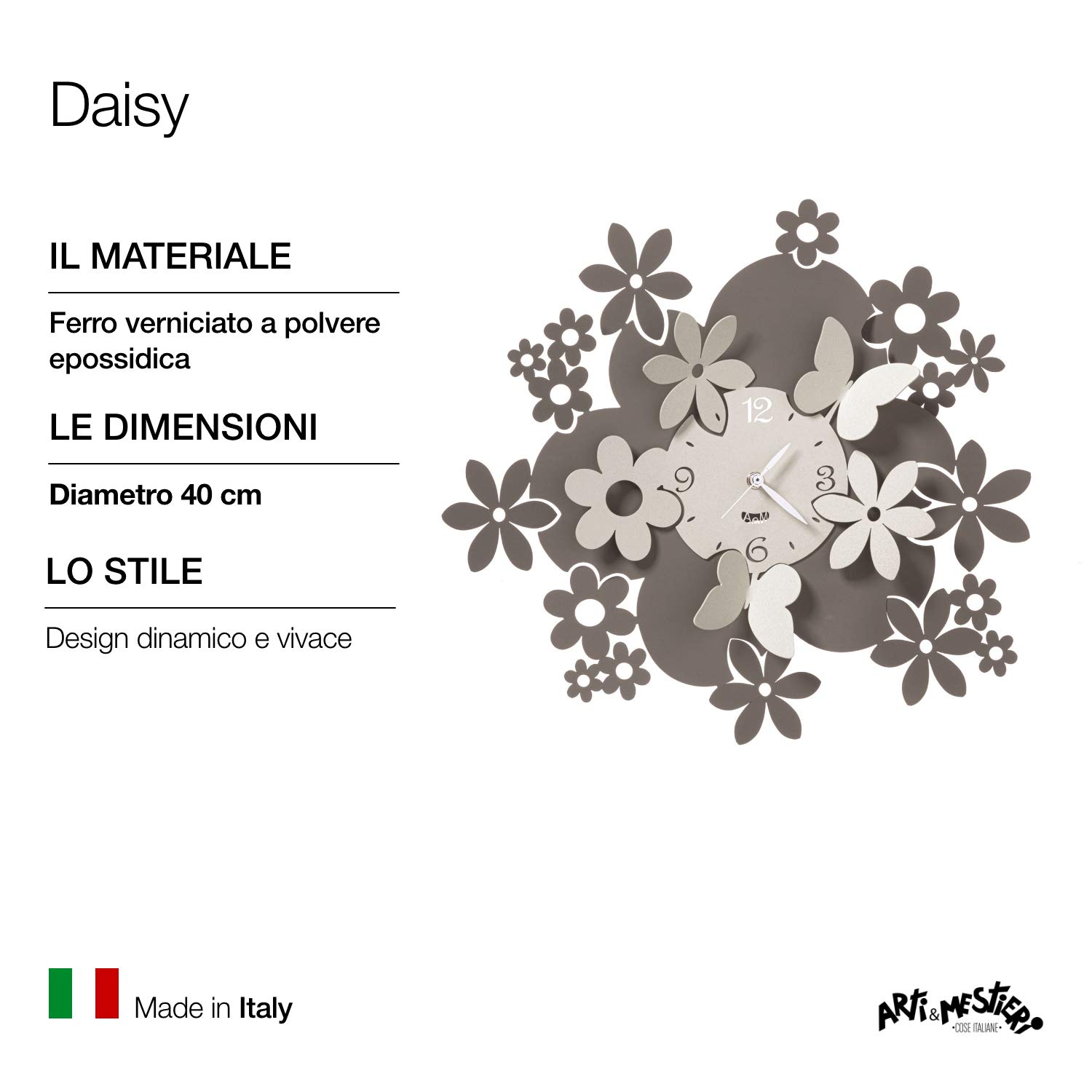 Arti & Mestieri Daisy - Orologio da Parete di Design 100% Made in Italy - in Ferro, Diametro 40 cm - Fango e Avorio