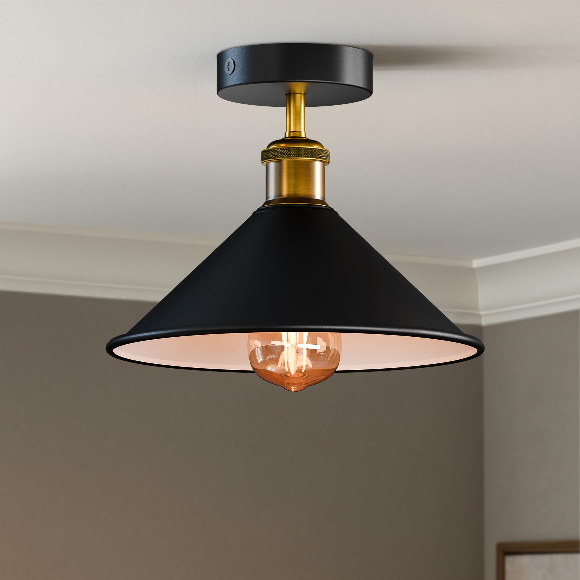 DC VOLTAGE Vintage Ceiling Light Semi Flush Mount Black Metal 22cm Cone Lampshade with E27 Holder for Living Room Kitchen Bedroom Hallway with Bulb
