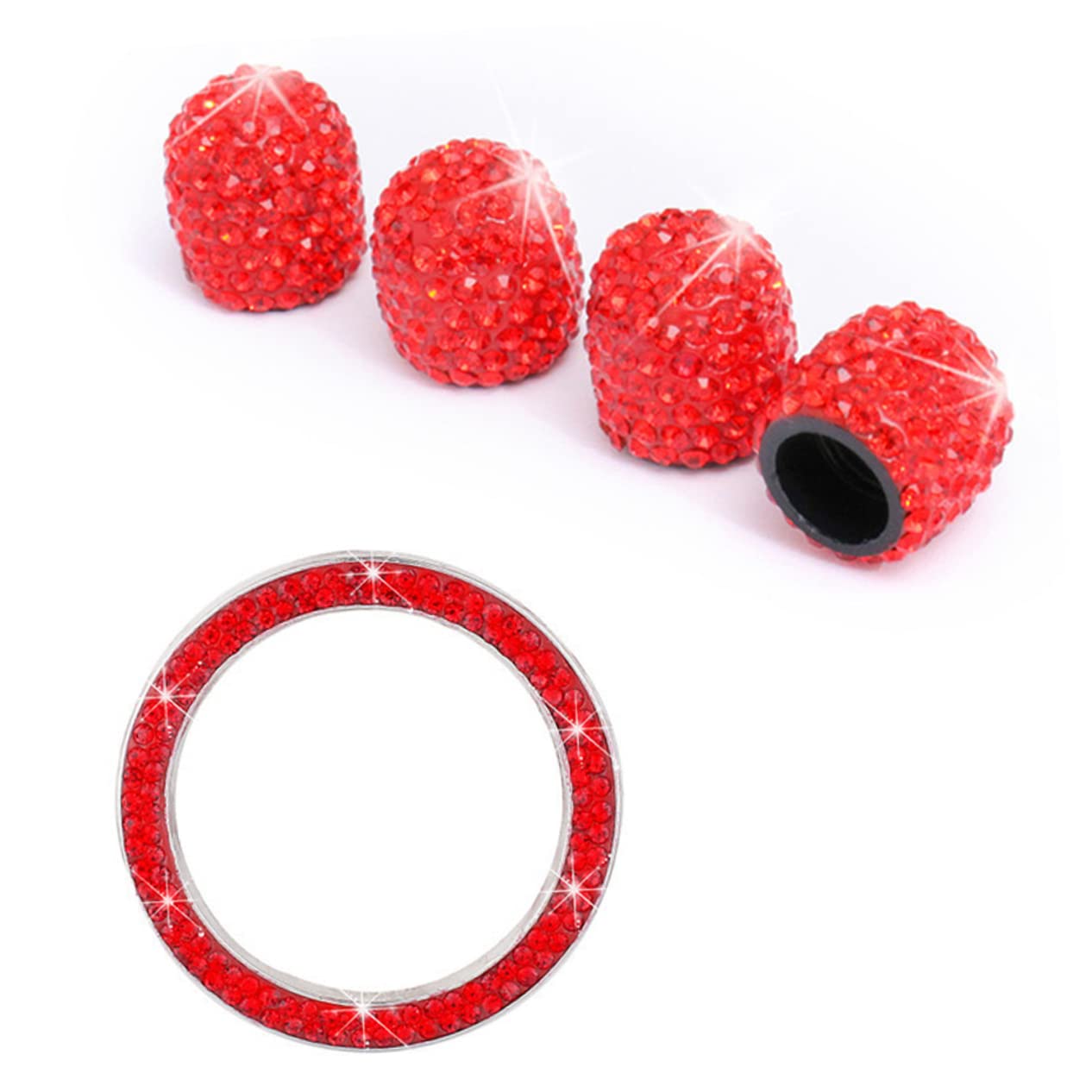 Cabilock 5 Bouchons de Valve de Pneu Décoratifs Anneau de Bouton de Démarrage, Strass Rouge, Anti-poussière pour Voiture et Moto