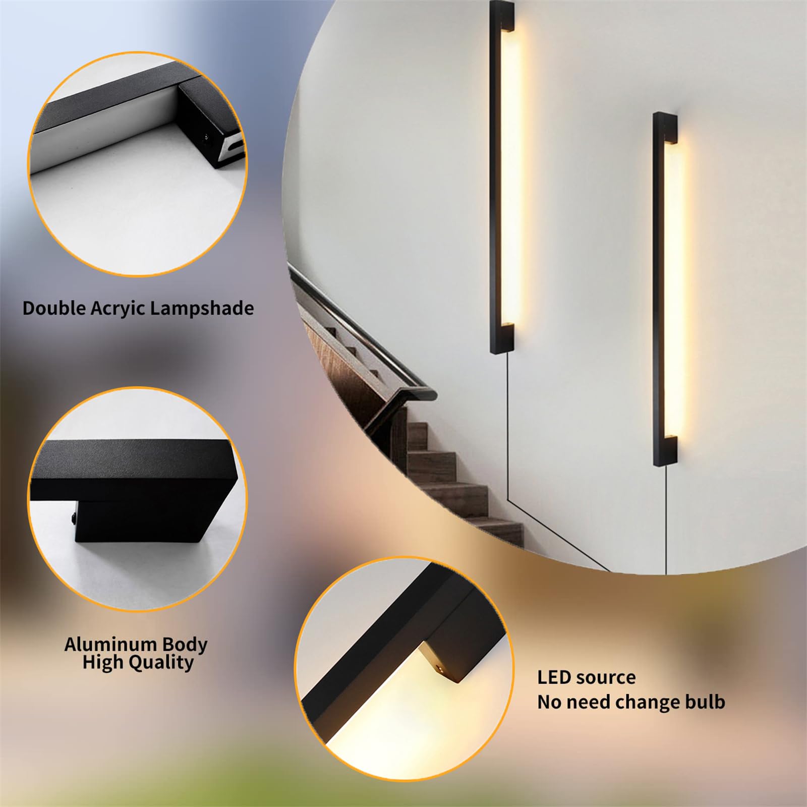 Wandleuchte Dimmbare Innen LED Wandlampe mit Fernbedienung 10-100% Einstellbar Wandbeleuchtung mit Schalter und Stecker Wandleuchte Schlafzimmer Wohnzimmer Treppenhaus Kinderzimmer (Schwarz,80CM)