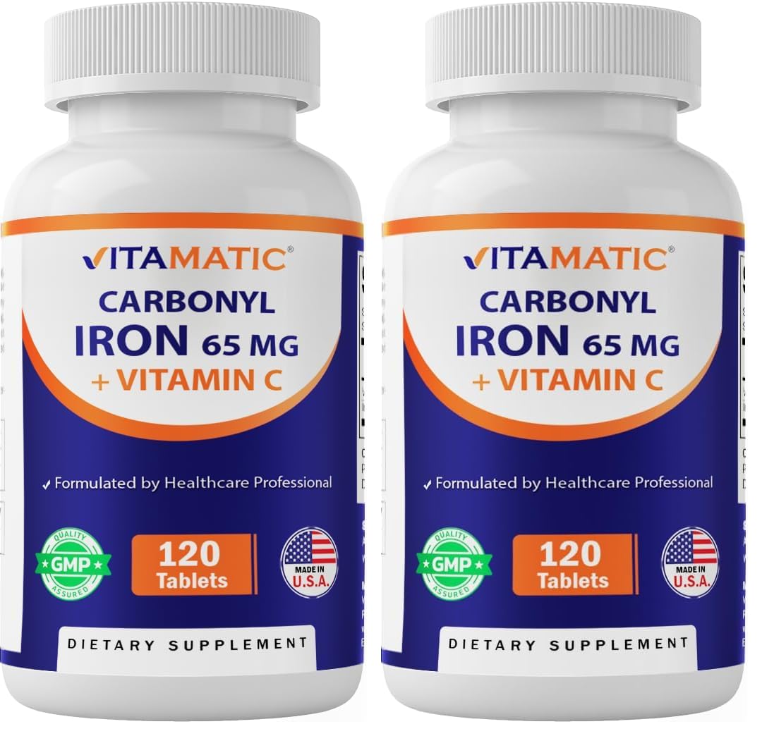 Vitamatic Carbonyl Iron 65 mg with Vitamin C – Gentle Iron Supplement for Energy & Immune Support – High Absorption – 120 Tablets (Pack of 2) 120 Count (Pack of 2)