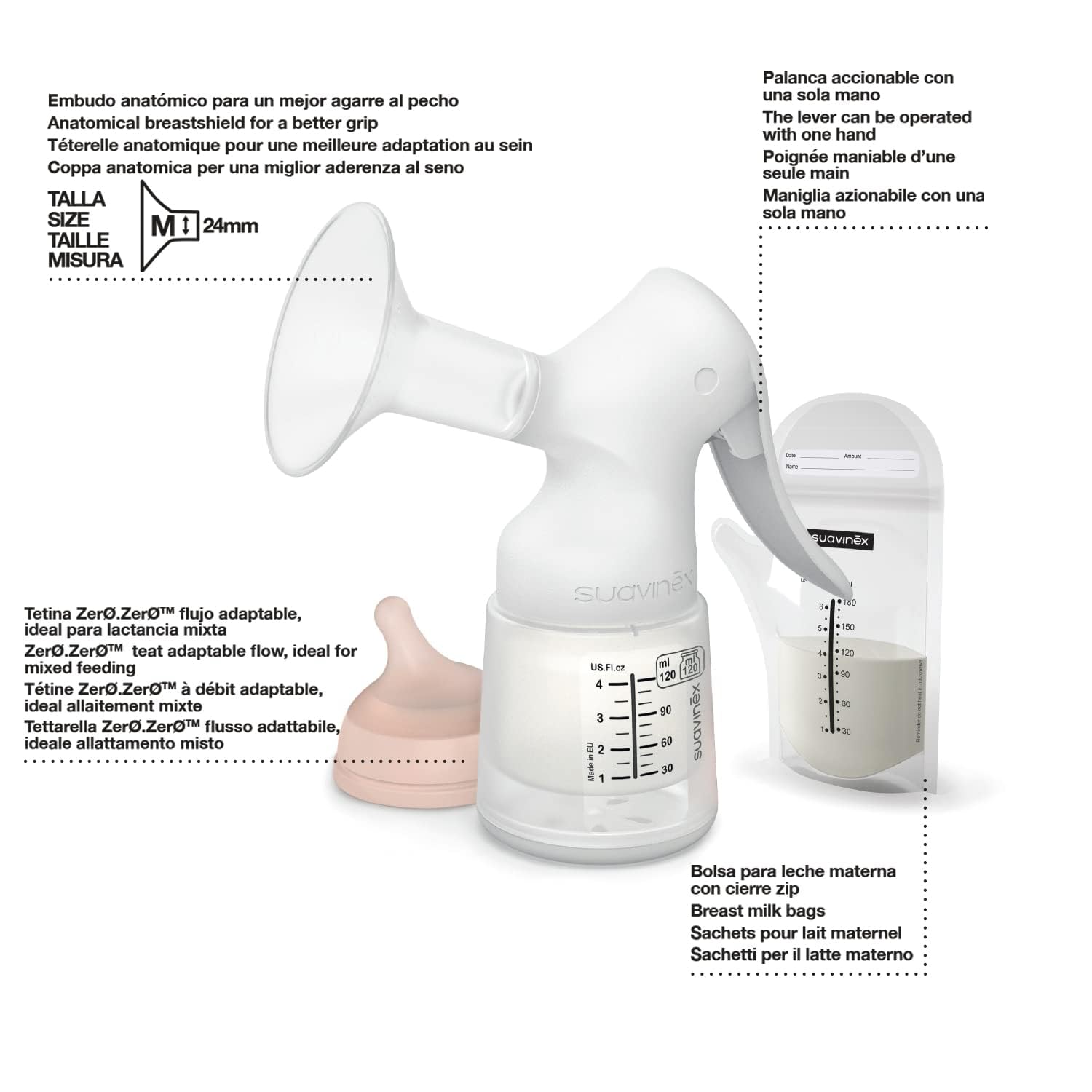 Suavinex, Materna-Milchpumpenset für manuelle Milchpumpe, 120 ml, mit anpassbarem Durchfluss, 3 Aufbewahrungstaschen, Reißverschluss, Transporttasche, manuelle Milchpumpe