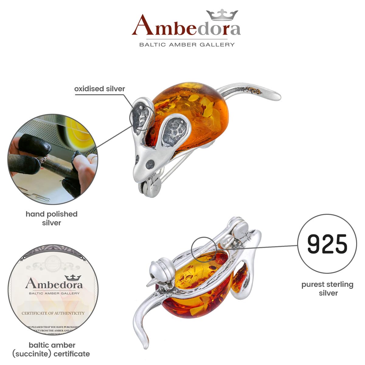 Damen Silberne Brosche Maus mit Bernstein, Poliertes Sterling Silber, Baltischer Bernstein in Cognac Farbe
