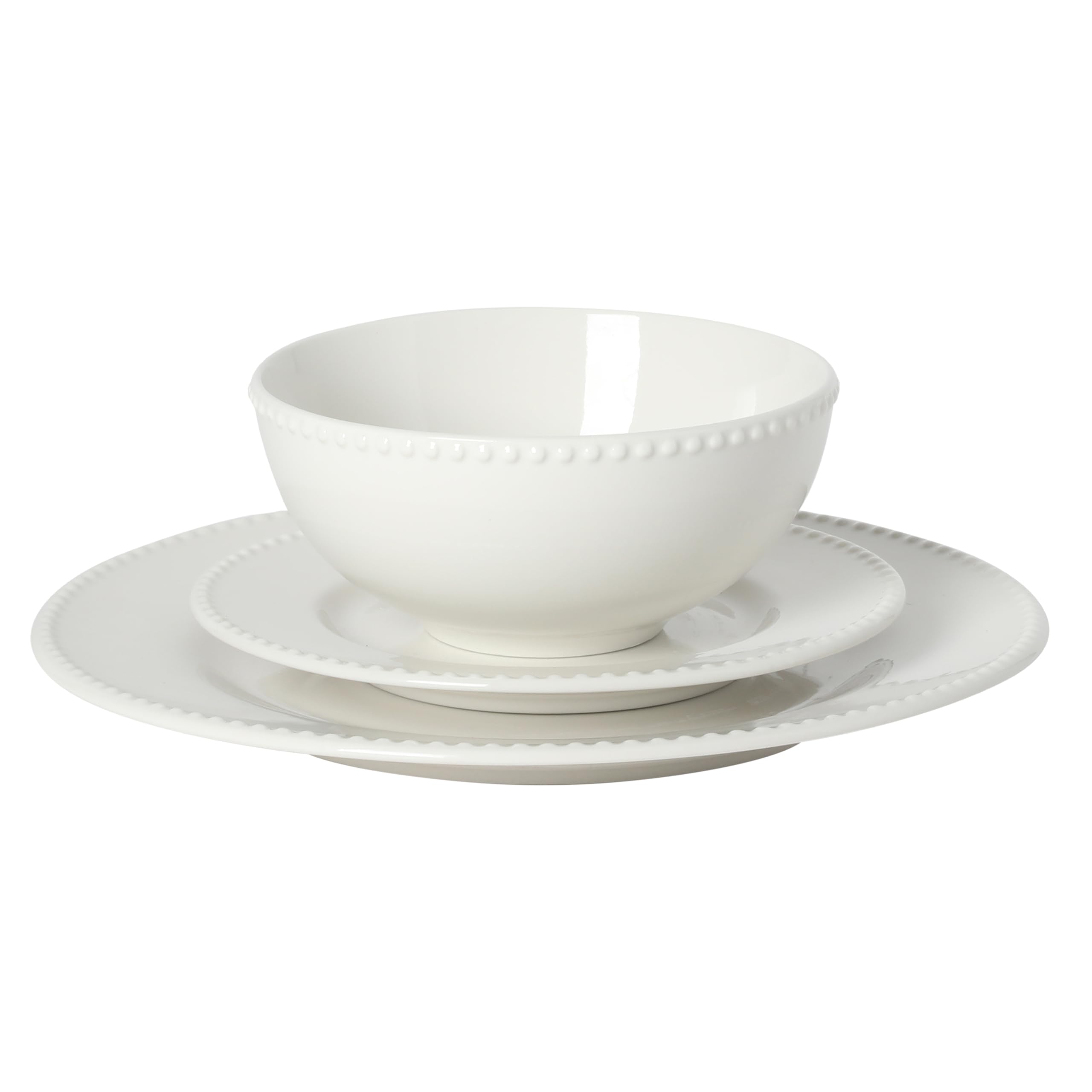 Gibson Home Caviara Teller und Schüsseln, 12-teiliges Geschirr-Set, weißer runder Perlenrand, Keramik-Schüssel-Set, Speiseteller, Salatteller & Müslischalen