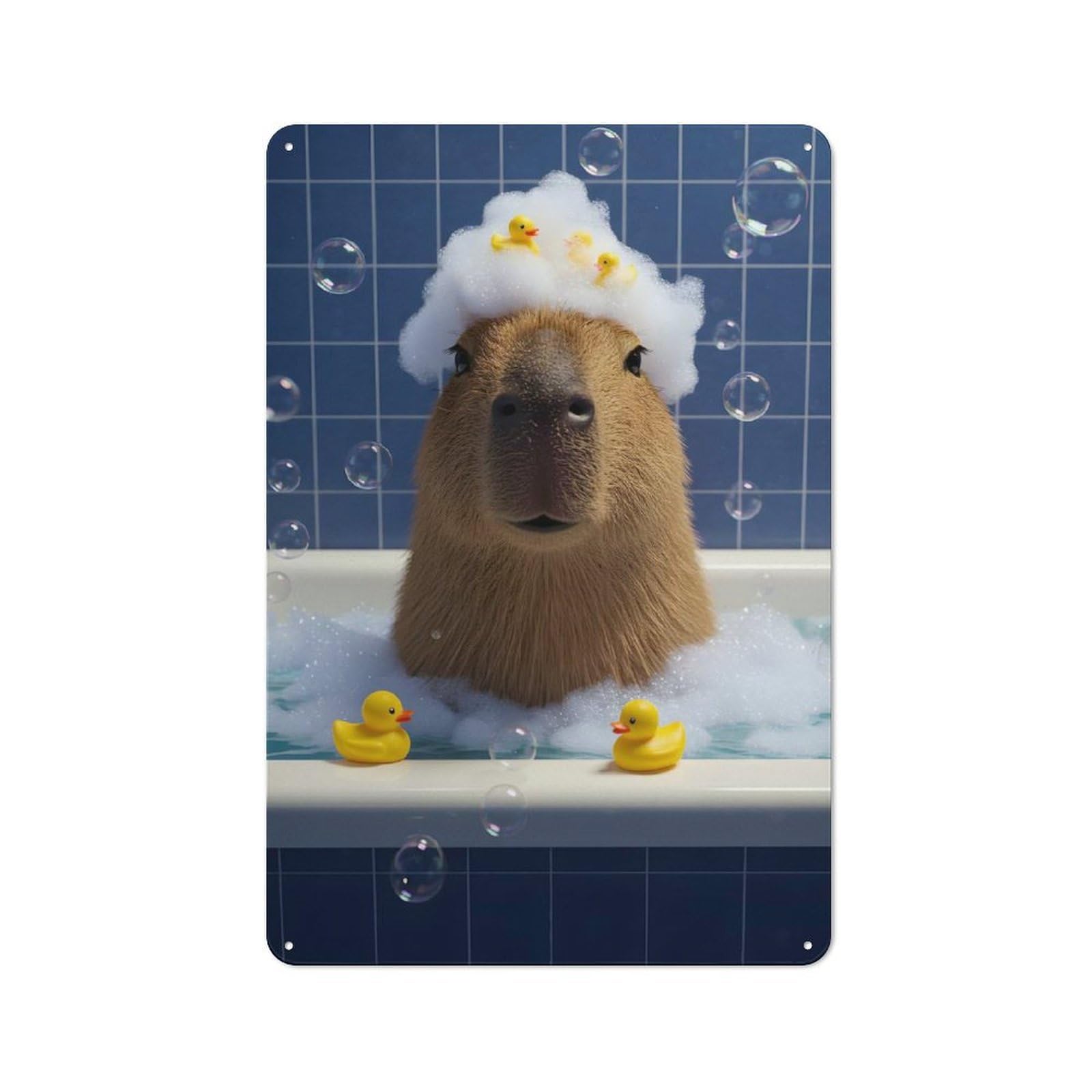 Retro Tin Sign 30x20cm Featuring Capybara in Bathtub with Rubber Ducks for Bar Or Restaurant, Suited to Wall Displays in Bars And Restaurants