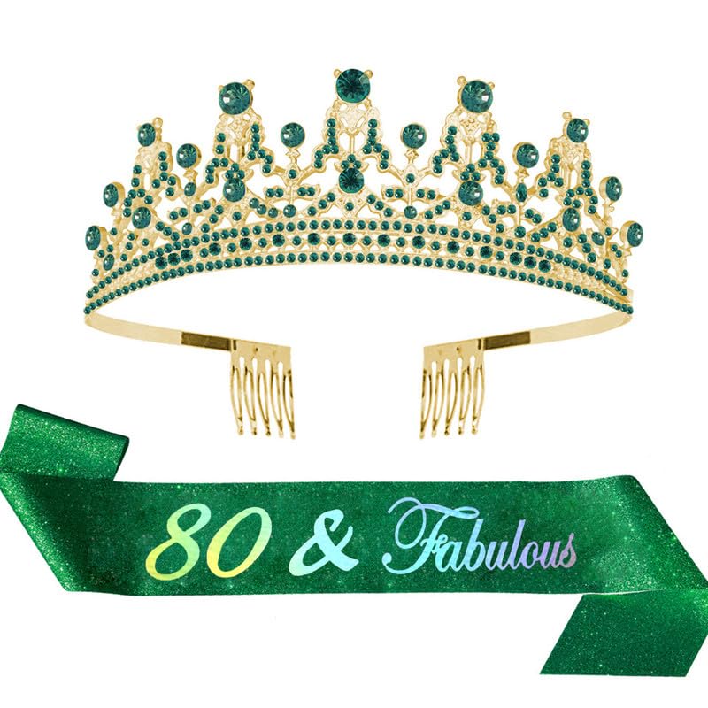 ALRBE TIN 80th Birthday Sash and Tiara Kit 80 Fabulous Birthday Sash and Rhinestone Crown Green Sash and Green Crystal Tiara for Happy 80th Birthday Party Supplies and Decorations Birthday Gifts