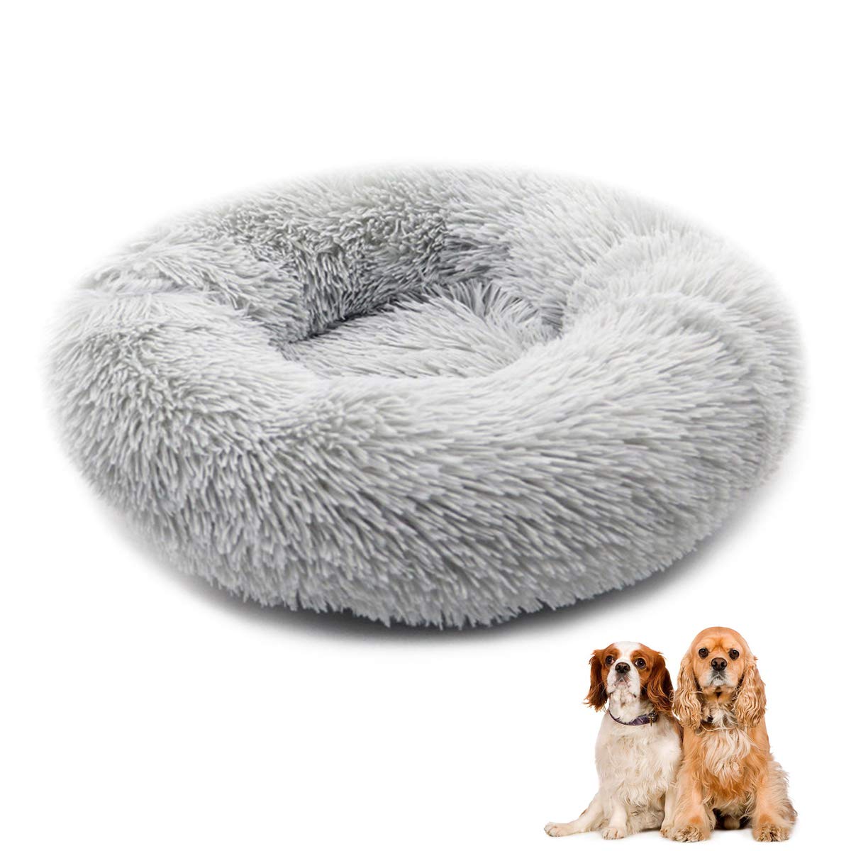 VICKSUNE Donut Cat Bed, Faux Fur Dog Beds for Medium Small Dogs - Self Warming Indoor Round Pillow Cuddler Pink & Slight Grey& Dark Grey 20''