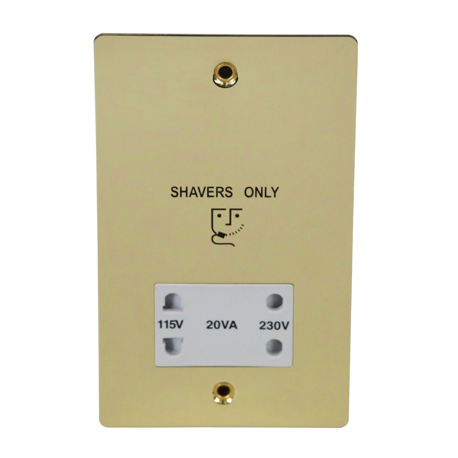 Volex Brushed Chrome, Polished Brass Shaver Socket Dual Voltage 230V / 155V - Recessed Flat Plate Polished Brass/White