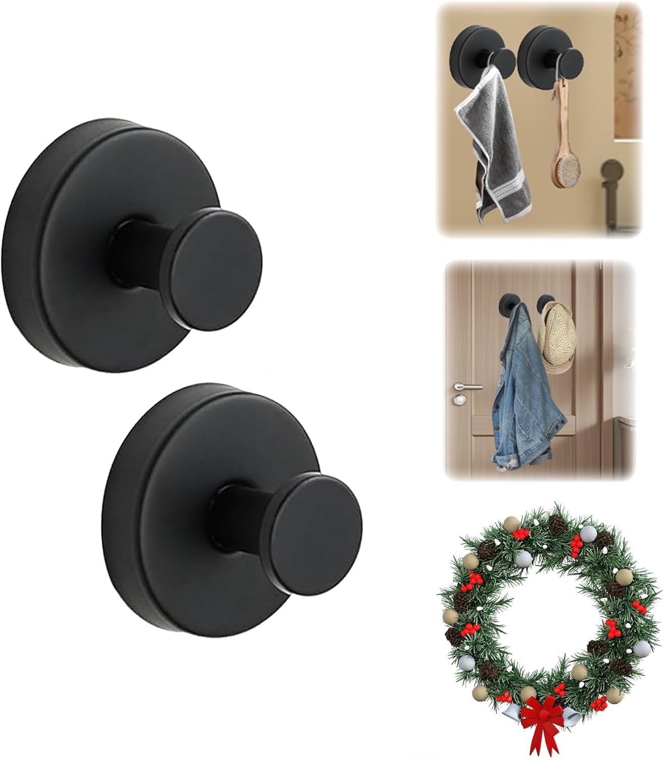 Suction Cup Hooks for Halloween & Christmas Wreath - No Drill Suction Cup Hooks for Shower Hanging Towels, Stainless Steel Wreath Hanger Holder for Glass Window Door Bathroom Mirrors (Black, 2 PCS)