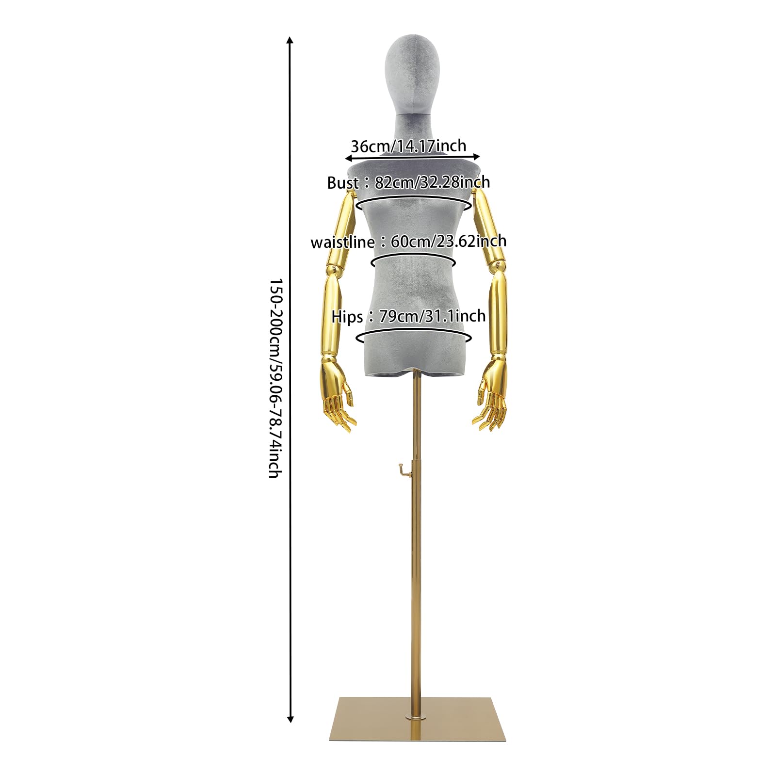Busto sartoriale da donna, regolabile, 150-200 cm, manichino con braccia articolate e dita, manichino per pantaloni e vestiti, manichino rimovibile con base in metallo per sarti