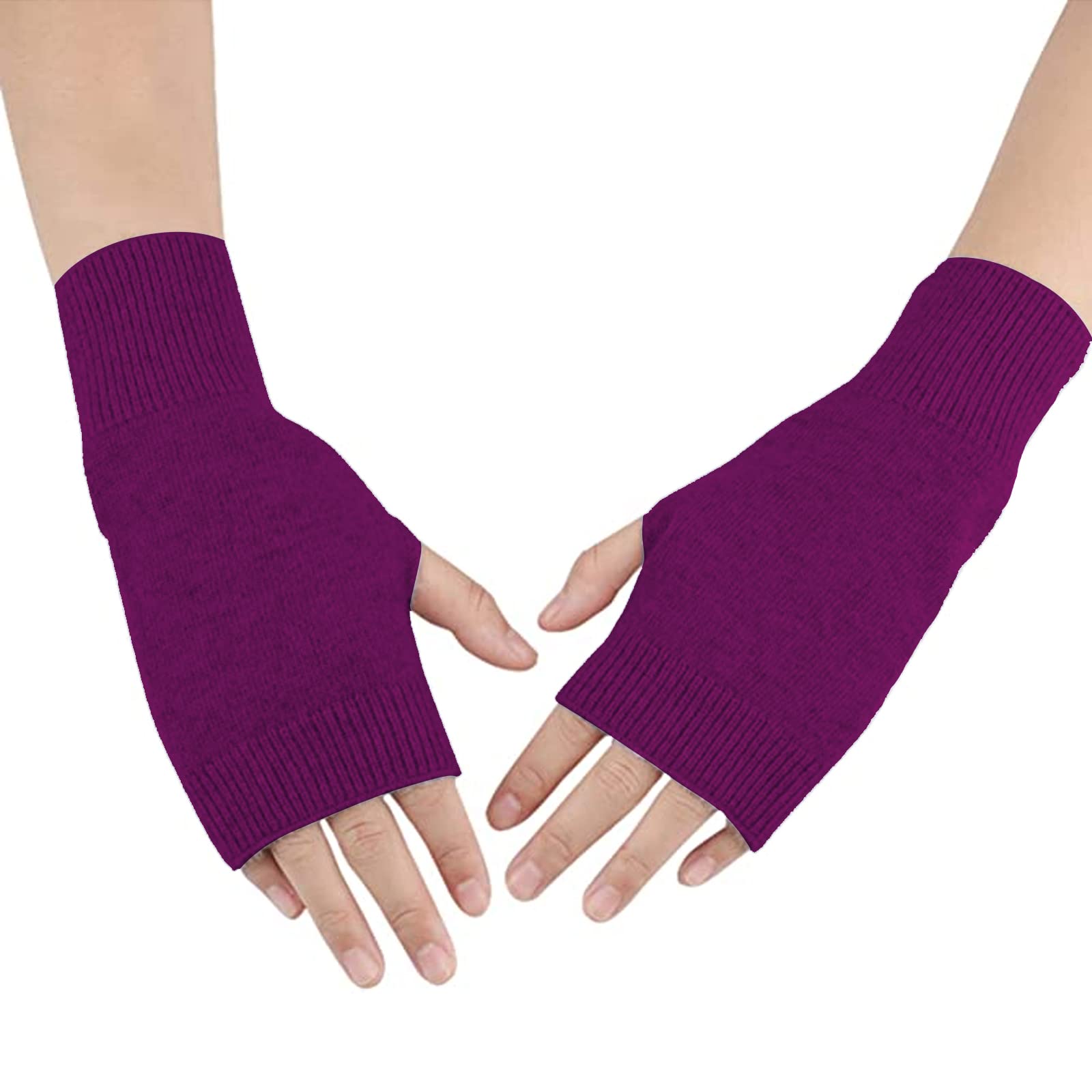 Dwe Women's Purple Cashmere Fingerless Gloves, Half Fingerless Gloves Winter Thermal Gloves Mittens Thumb Hole Wrist Warmers Gloves Christmas Gifts For Girls (Purple)