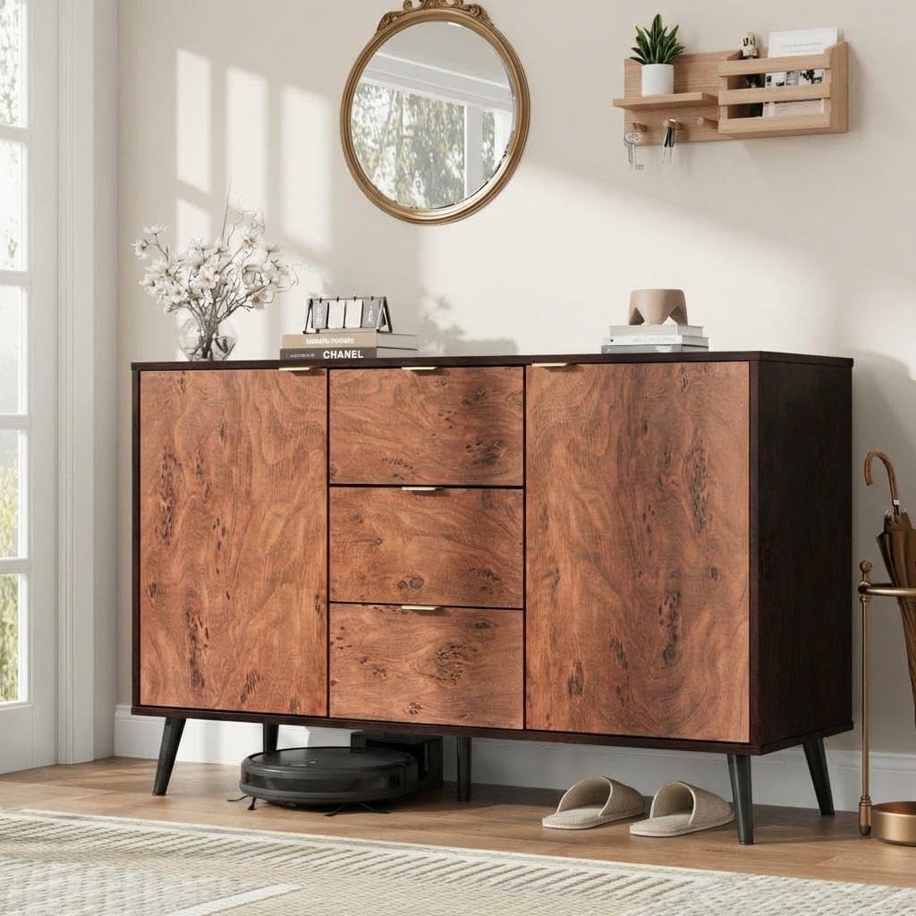 GarveeHome Buffet Cabinet with Drawers and Storage, 51.2 in Large Sideboard Buffet Credenza Storage Cabinet with Shelves and Doors, Walnut Buffet Cabinet for Dining Room, Entryway, Living Room