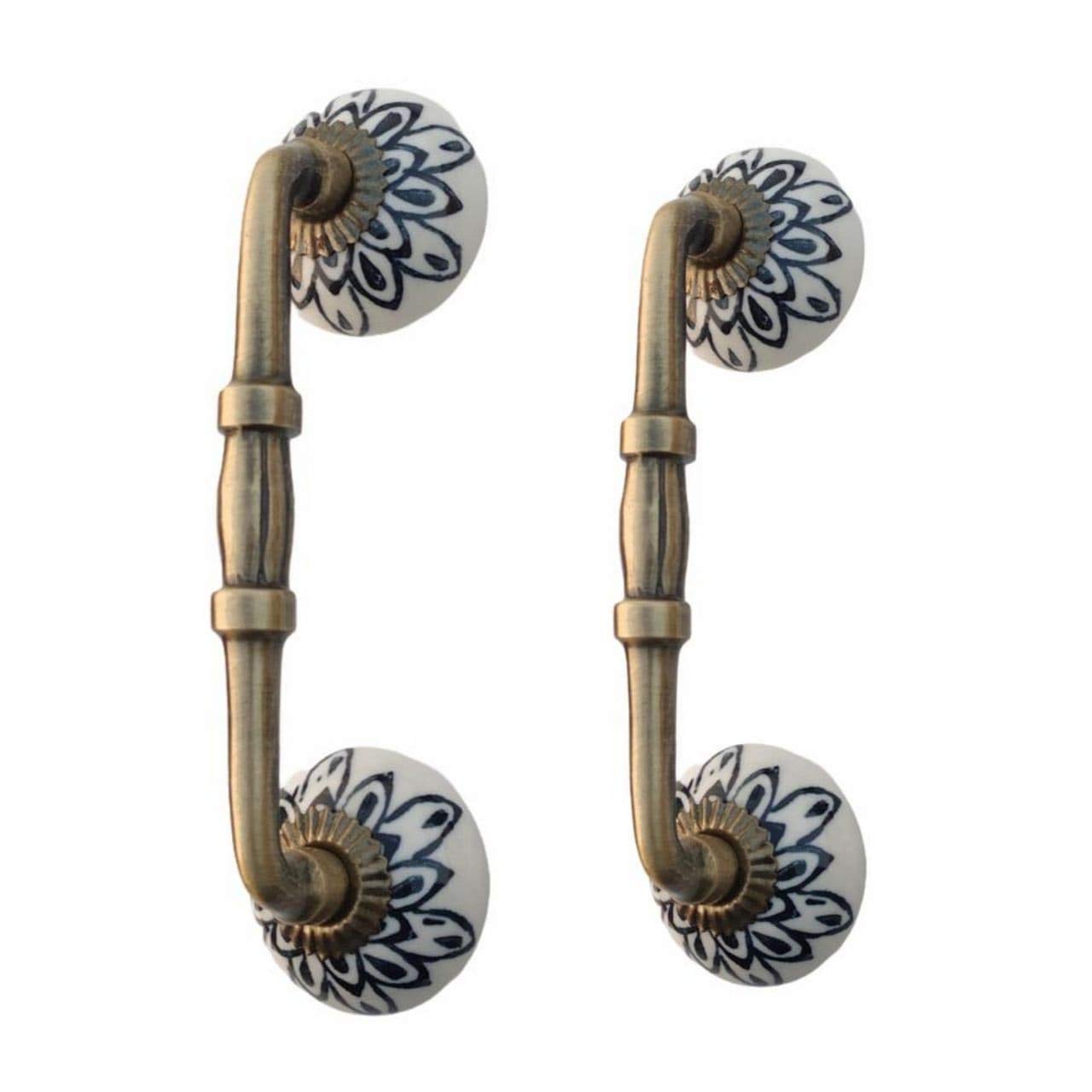 Maison Belle Ceramic Door Handle Gold Antique Finish - (Size 6 Inch, Flower Hand Painted) Hole to Hole - 4 INCH - Pack of 1