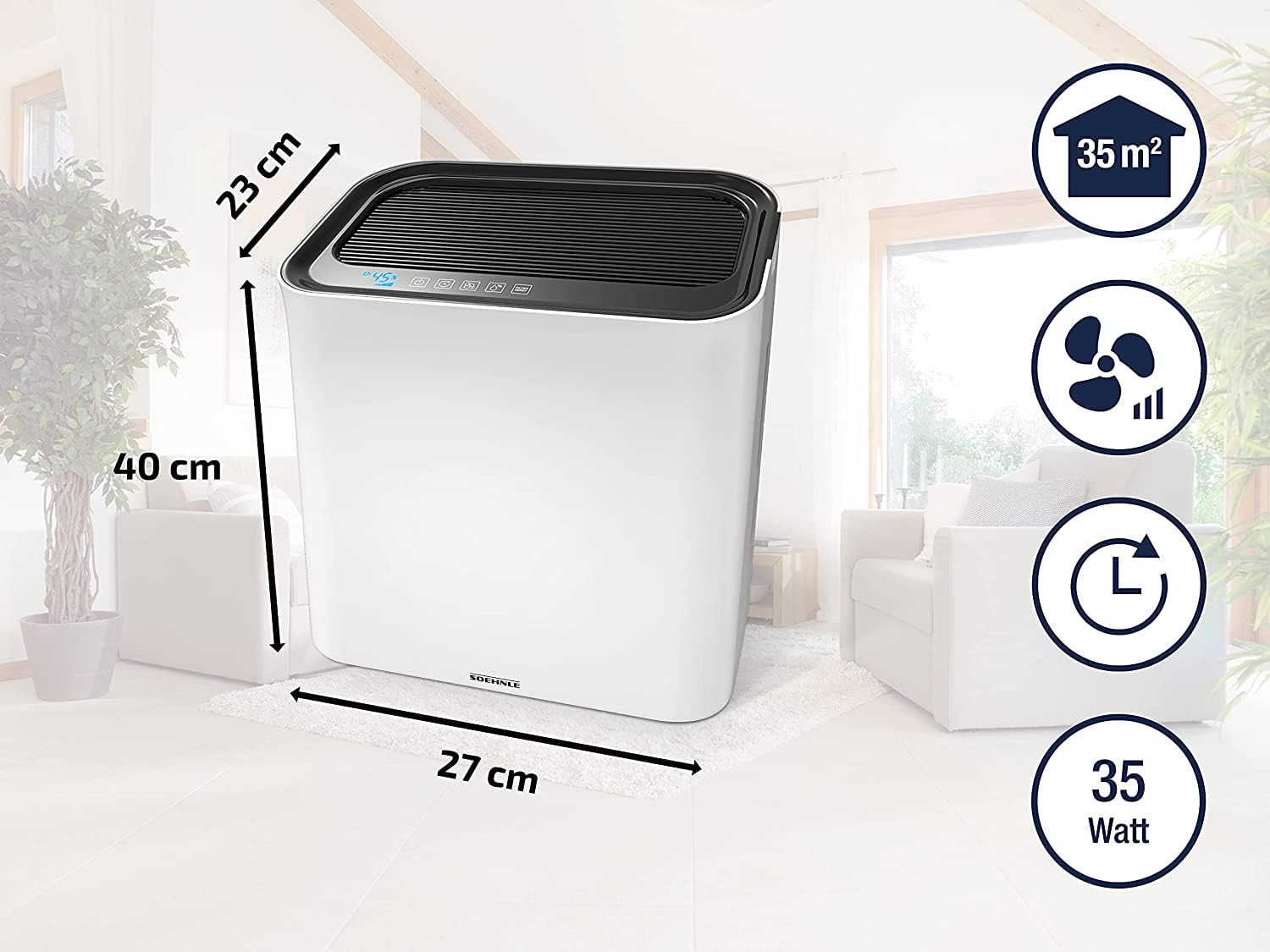 Soehnle Airfresh Wash 500 oczyszczacz powietrza zapewnia zdrowe, czyste, naturalnie wilgotne powietrze, oczyszczacz powietrza z trójwarstwowym systemem filtracji, nawilżacz powietrza z wyświetlaczem