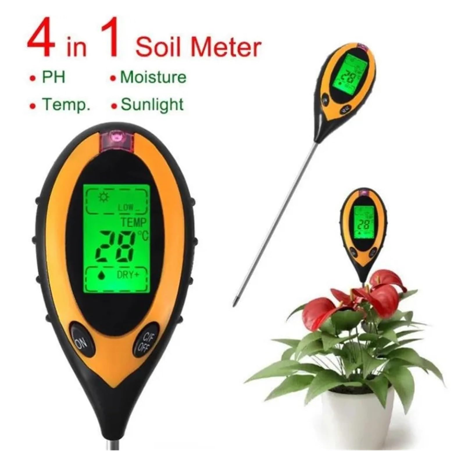 4 In 1 Digitaler Bodentester Boden PH-Monitor Temperatur Feuchtigkeitsmesser Bodendetektor Sonnenlichttester for Gartenpflanzen Landwirtschaft Einfache Bedienung