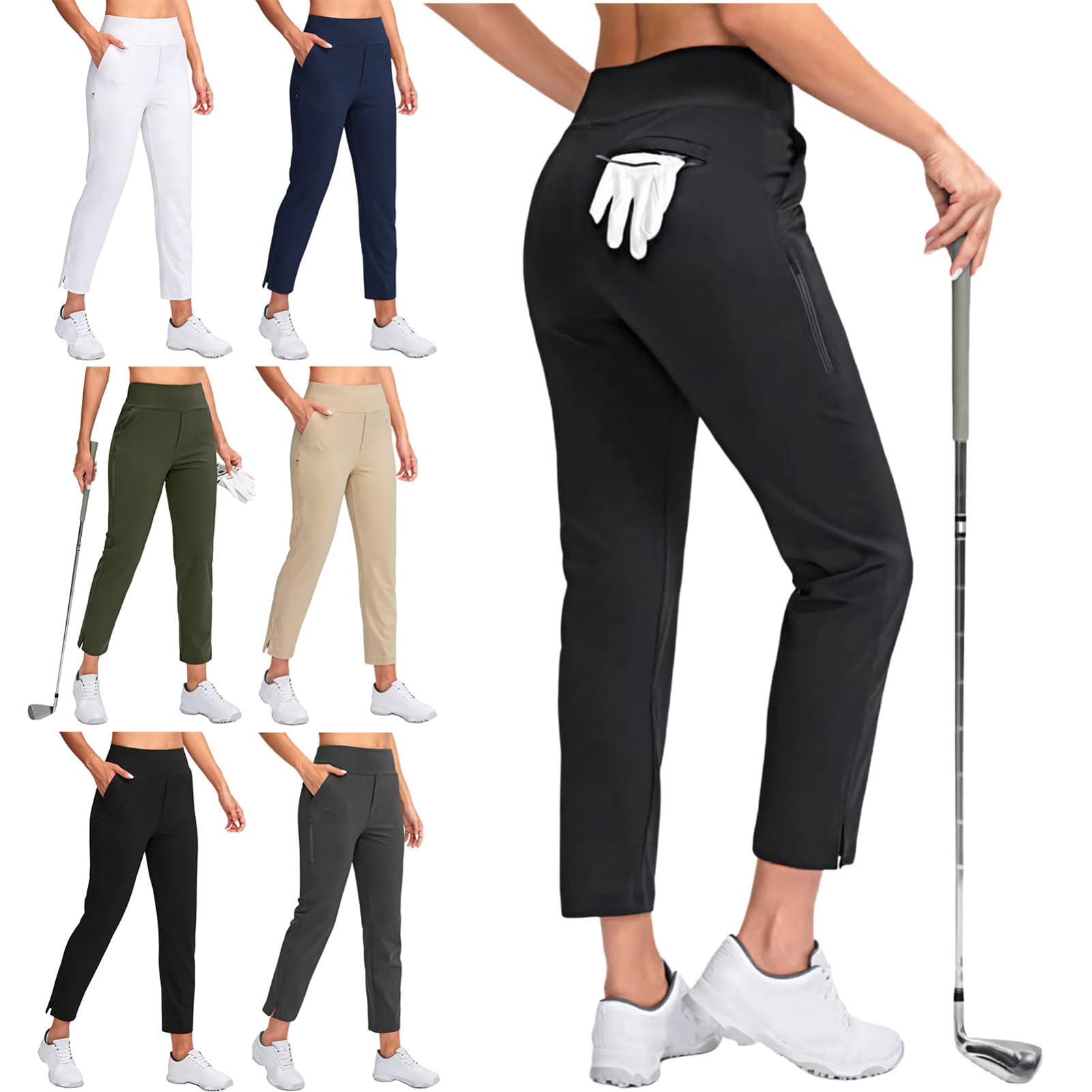 IEFIEL Pantalones de mujer para golf, cintura alta, elásticos, bolsillos, estilo casual, aptos para exterior y negocio