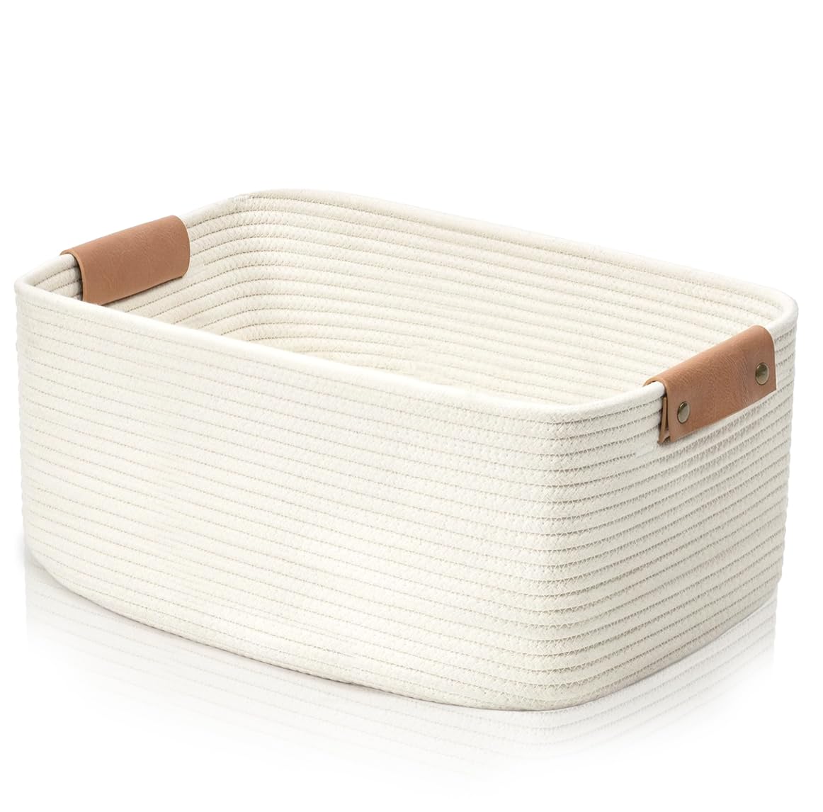 Meanon Woven Storage Basket – Cotton Rope Storage Basket with Leather Handles, Decorative Rope Storage Basket for Nursery, Living Room, Bathroom & Closet, for Toys, Books, and Shoes (30*15*15 CM)