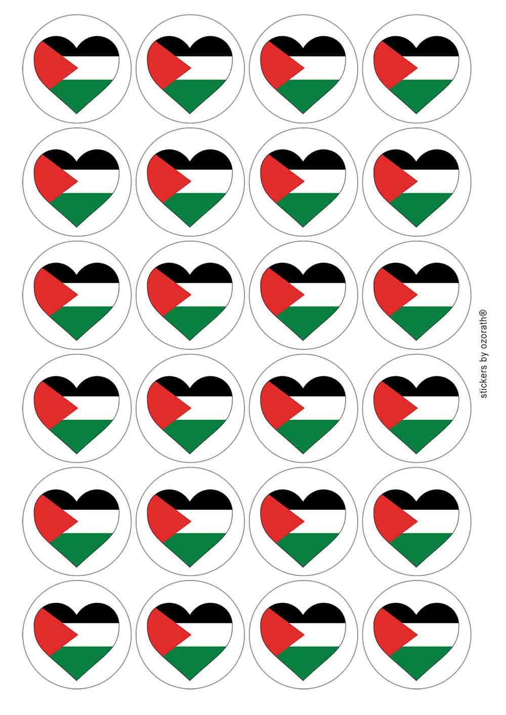 Palestine Palestinian Flag Heart Circular Matt Paper Stickers A4 Sheet of 24 (Each Sticker is 45mm Diameter)