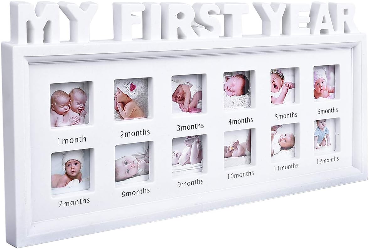 MICKYU Baby Picture Frames, My First Year 12 Monthly Keepsake Photo Frame for Newborn Baby, First Mothers Day Gifts for Mom Parents ( White )