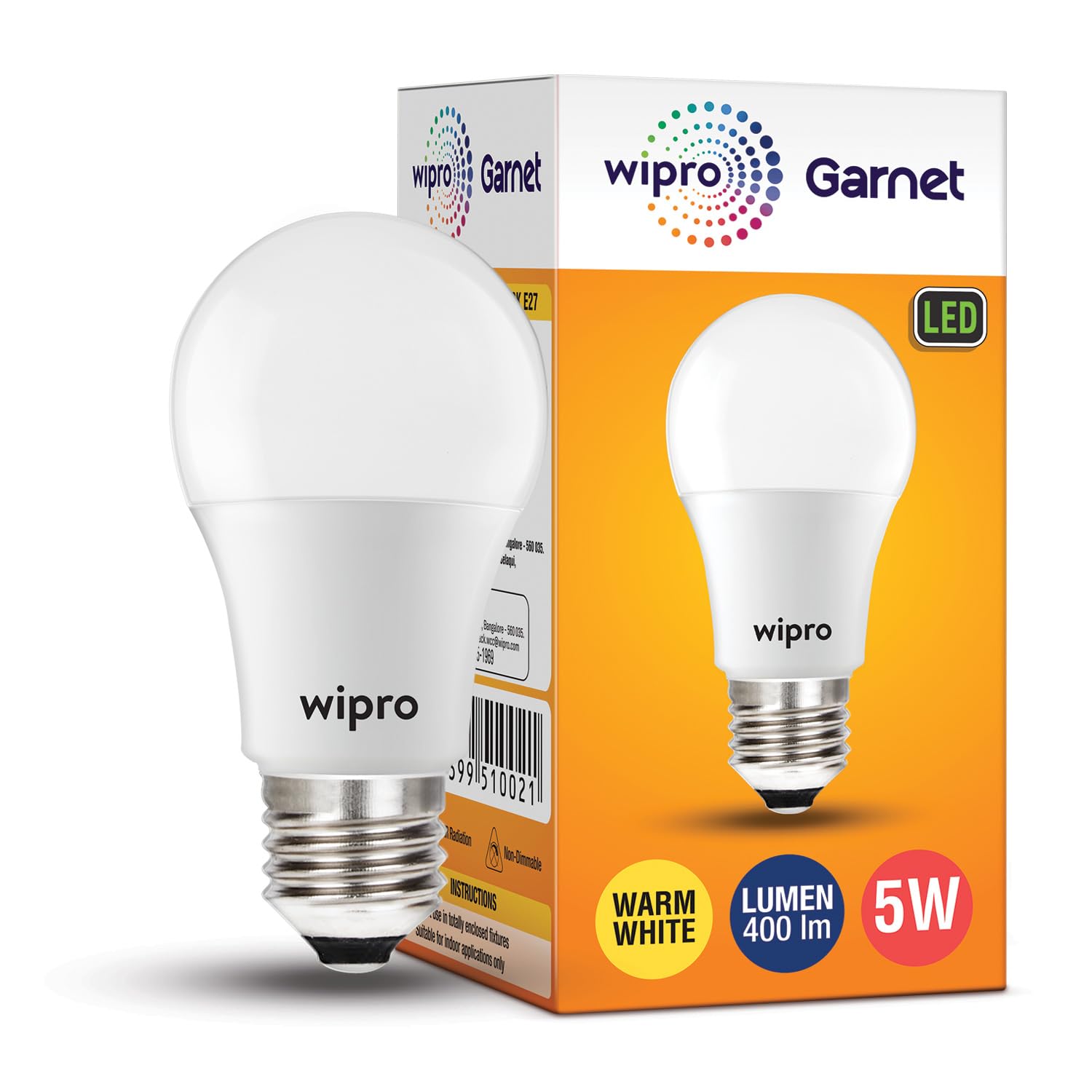wipro Garnet 5W LED Bulb for Home & Office |Warm White (2700K) | E27 Base|220 degree Light coverage |4Kv Surge Protection |400V High Voltage Protection |Energy Efficient | Pack of 1