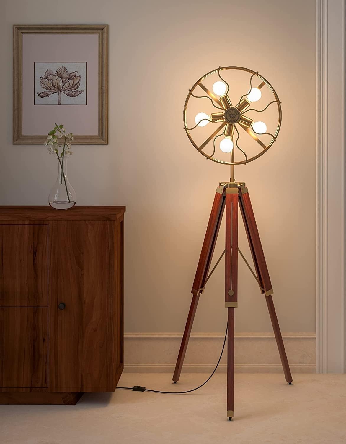 5-Light Tripod Floor Lamp with Antique Brass Fan Style Shades, Adjustable Wooden Stand, 65 Inch Tall LED Floor Lamp for Living Room, Bedroom, Office, Hotel, Cafe, Brown Finish, Pack of 1-image-44