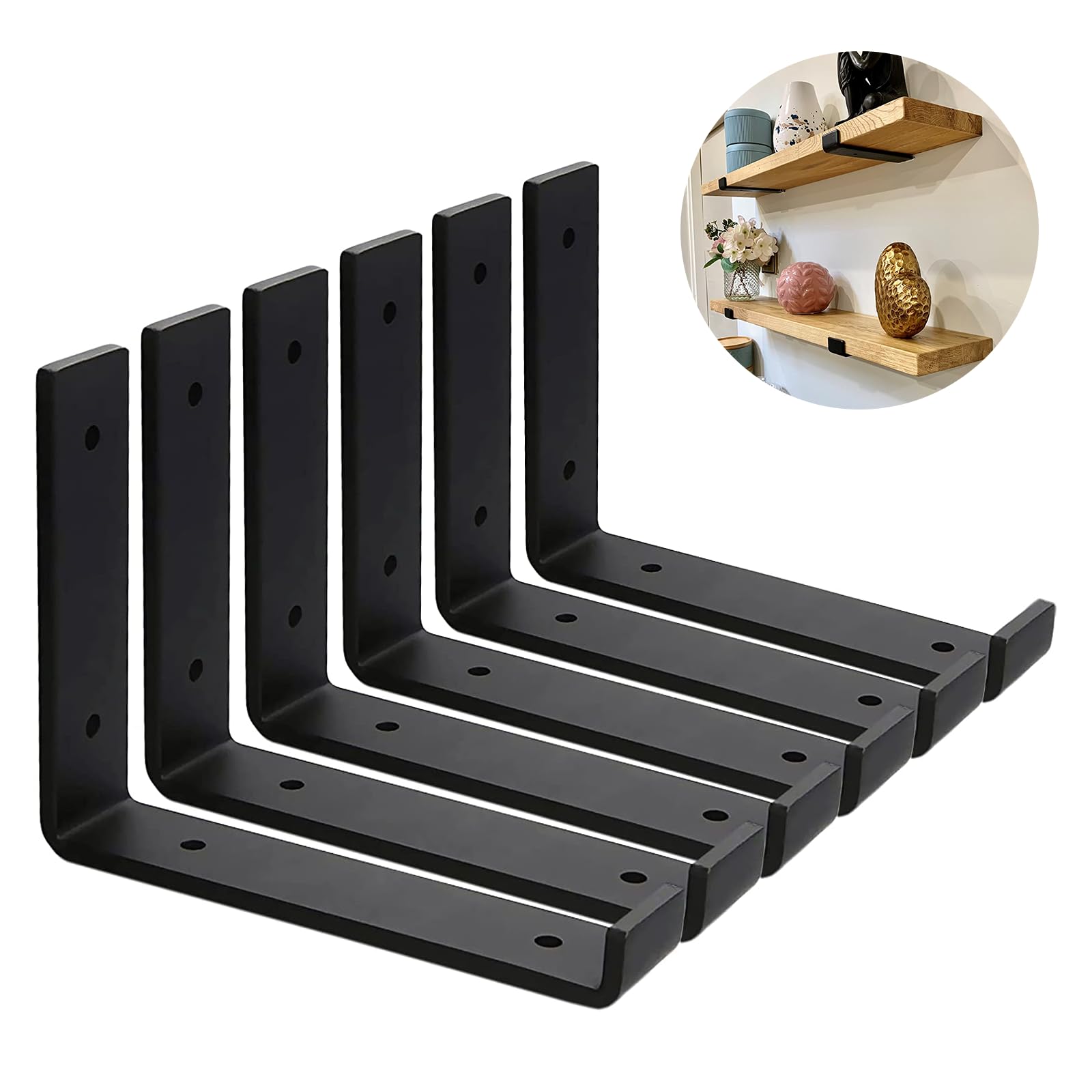 MLOQI Lot de 6 Equerre Murale Robustes de 5 mm d'épaisseur échafaudage - Support Etagere Murale - Supports d'étagère Industriels Noirs avec vis Assorties (20 cm)