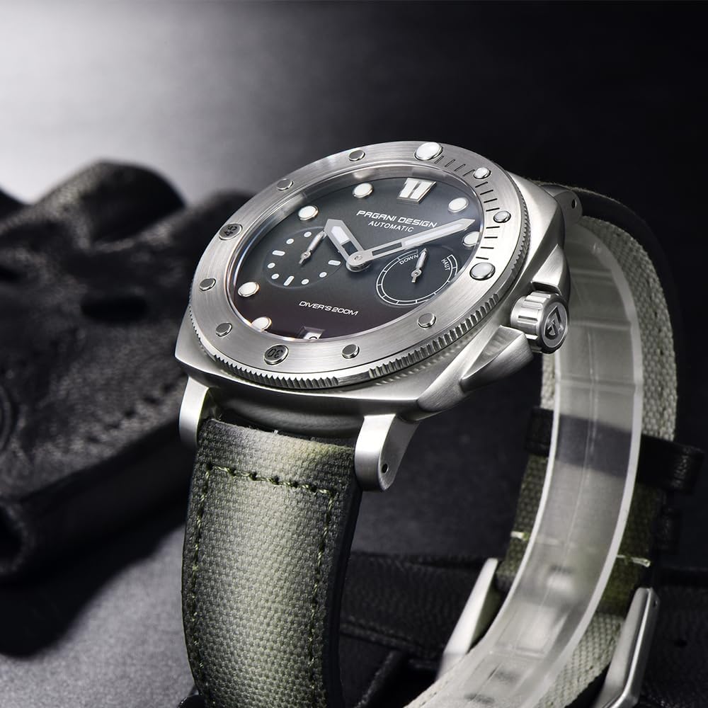 Pagani Design 1767 Reloj de Hombre automático 41MM Caja de Acero Inoxidable Espejo de Zafiro Reloj de Hombre con Cuerda automática Correa de Nylon. (Verde Claro)