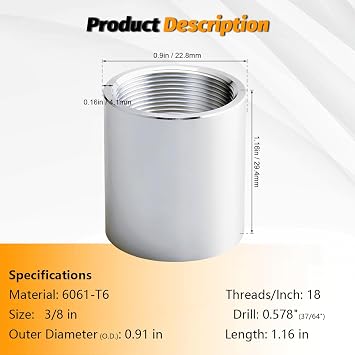 2 Pack 3/8 NPT Threaded Full Coupling, Aluminum 6061-T Schedule 40 Pipe Fitting, 0.375 Inch Female to Female Coupler, Corrosion Resistance 150 PSI for Air Water Oil