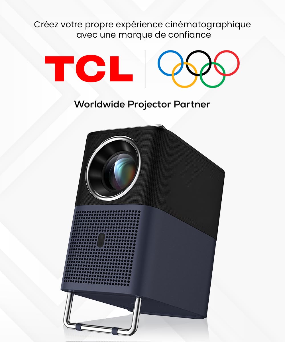 Vue latérale du projecteur TCL A1s montrant son design compact et sa poignée intégrée.