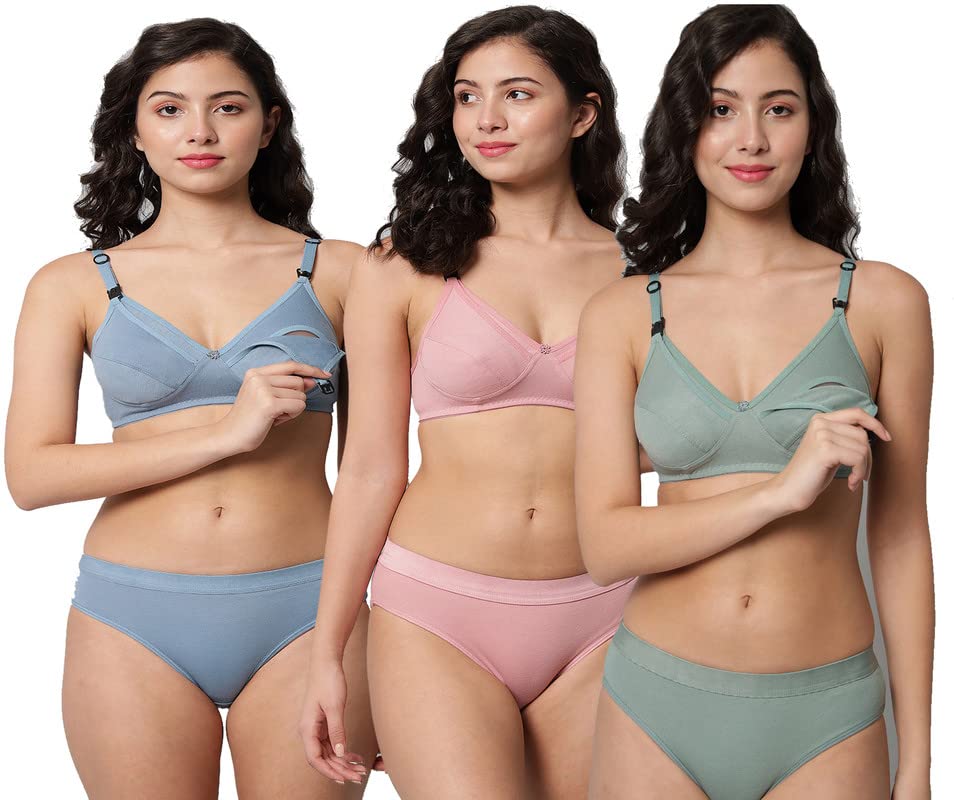 Women's Cotton Non Padded Wire Free Maternity Breastfeeding Nursing Mother Bra Panty Lingerie Set Honeymoon Bikni Set Combo Pack of 3-image-24