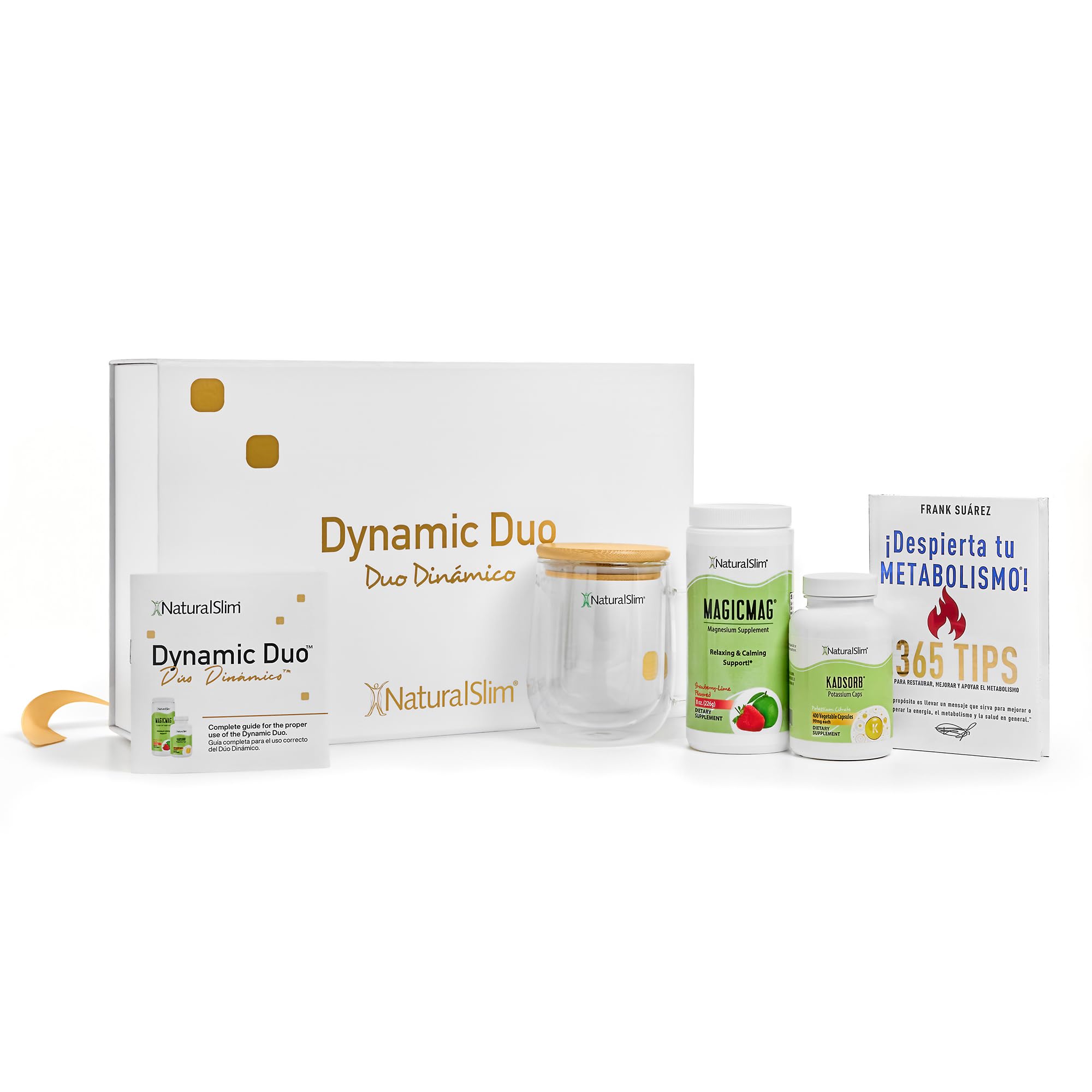 NaturalSlim Dynamic Duo, Set de regalo, MagicMag magnesio en polvo, Kadsorb citrato de potasio, taza de cristal, Libro Despierta tu Metabolismo, Set de bienestar educativo inspirado por Frank Suarez
