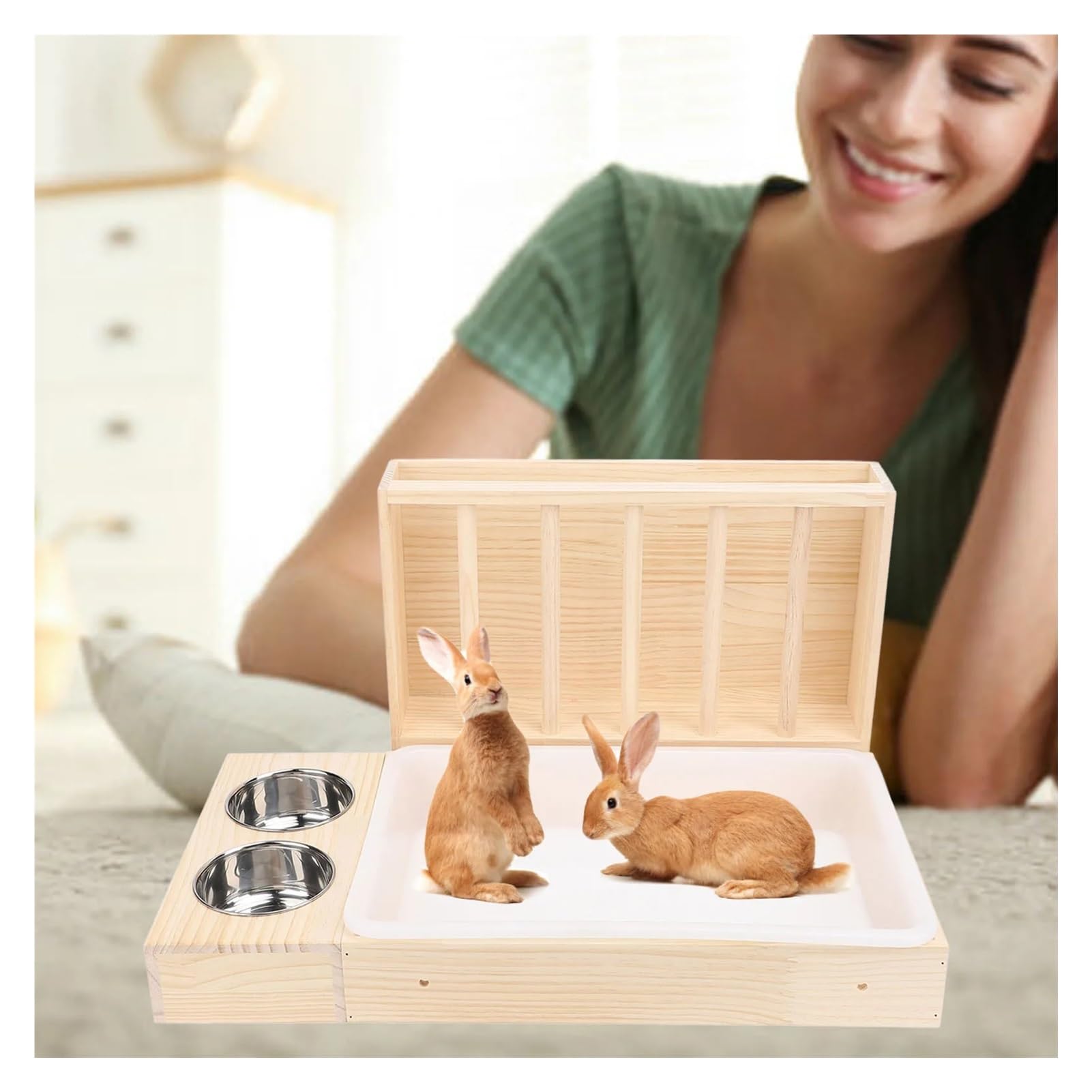 Distribuidor automático de heno para Conejos Comedero de heno for Conejos con Caja Arena, 2 Cuencos Acero Inoxidable, Pesebre alimentación Madera a Prueba Suciedad for Animales pequeños hámster