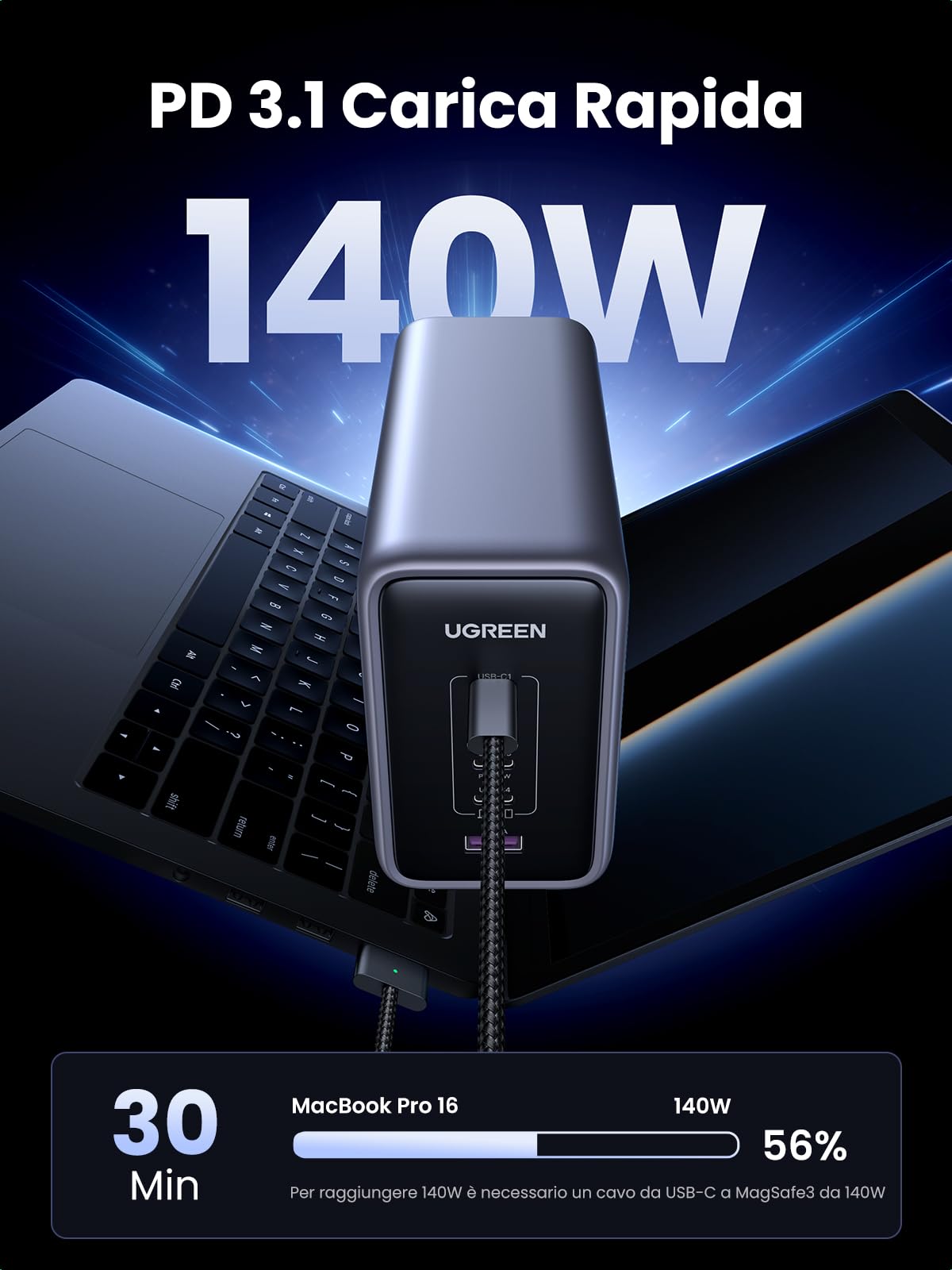 UGREEN Nexode Caricatore USB C GaN da 300W, Caricabatteria PD 3.1 con 5 Porte, Allimentatore a Porta Singola da 140W Compatibile MacBook iPhone 16 iPad Galaxy S24 Pixel Steam Deck con 240W Cavo 1.5M