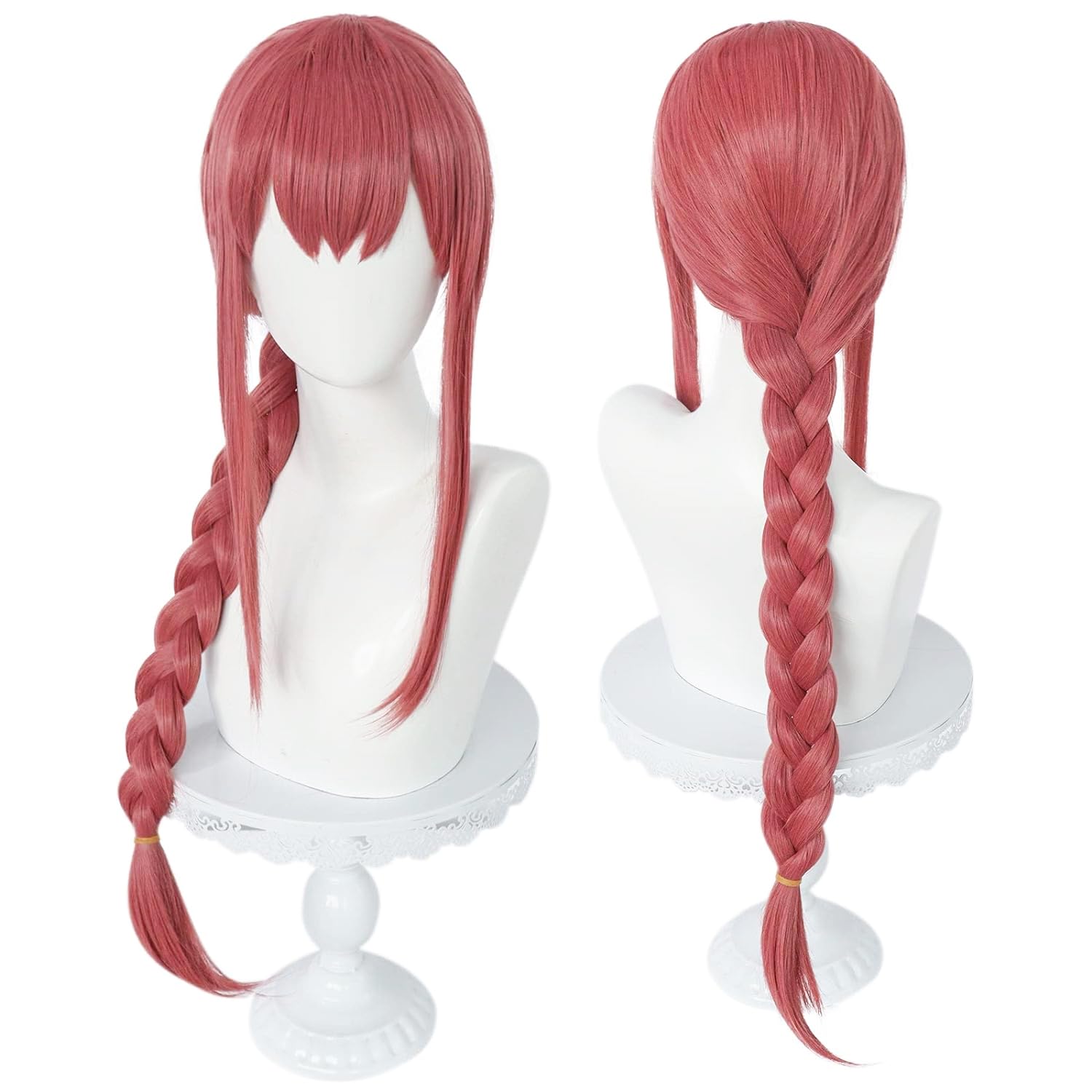 IMEYLE Braided Cosplay Wig for Women Long Red Pink Ponytail Wig with Bangs Pelucas Rojas Straight Pink Red Pigtail Wig Long Synthetic Wig for Anime Halloween Costume Party + Wig Cap