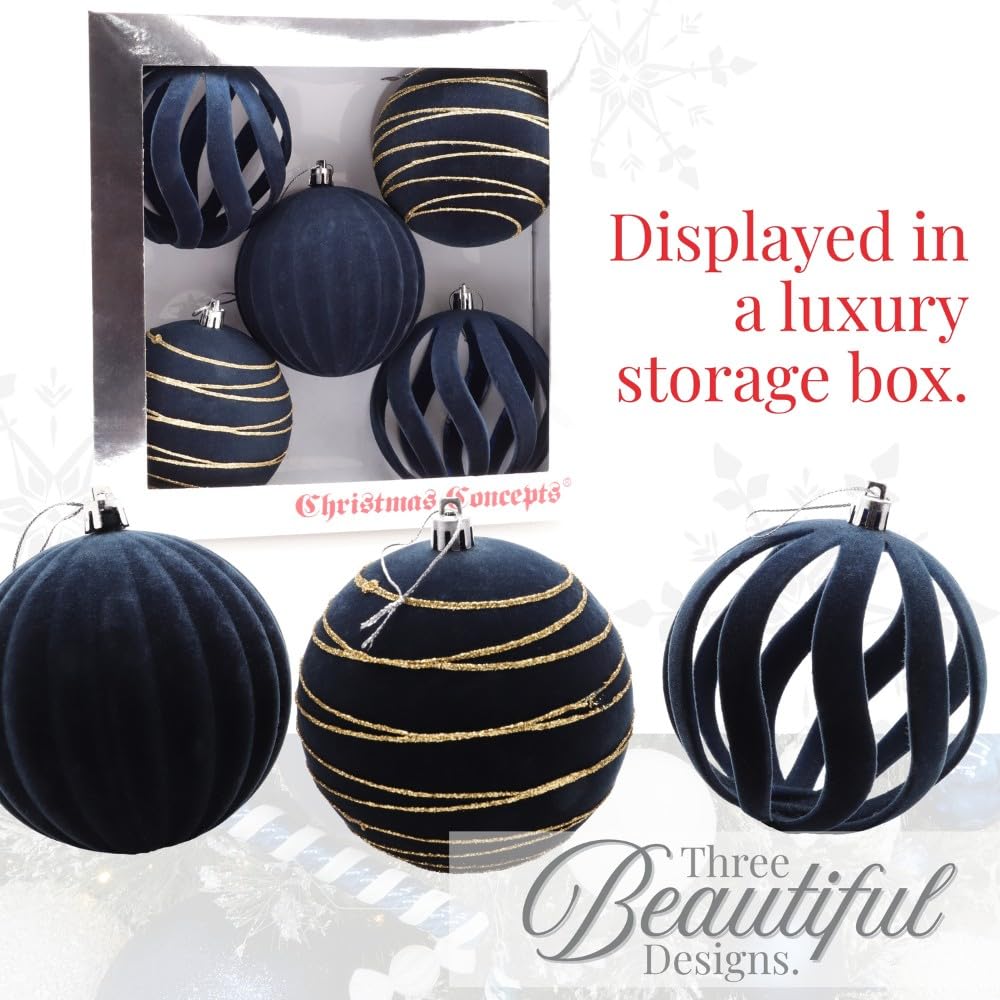 Christmas Concepts Elegance Collection Christbaumkugeln, 5 Stück, 100 mm, Mitternachtsblau, luxuriös, Samt und Glitzer verziert, große Christbaumkugeln, hängende Dekorationen