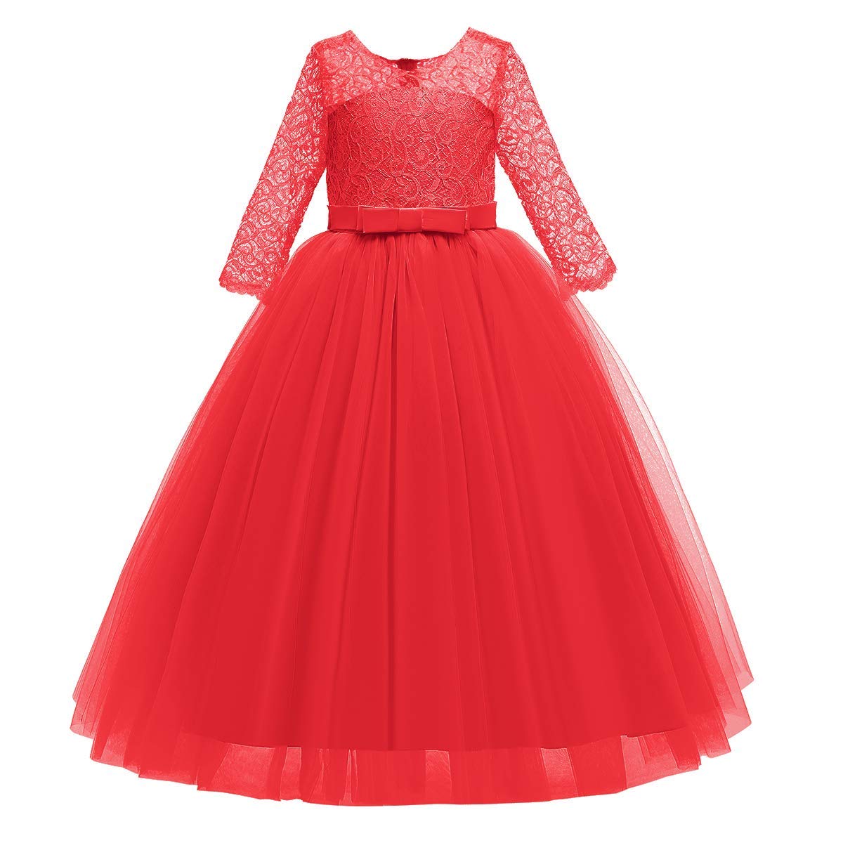IWEMEK Elegant Brautjungfer Kleider für Mädchen Blumenmädchen Hochzeitskleid 3/4 Arm Spitzenkleid Tüllkleid Prinzessin Festzug Erste Kommunionskleider Weihnachten Karneval Abendkleid Partykleid