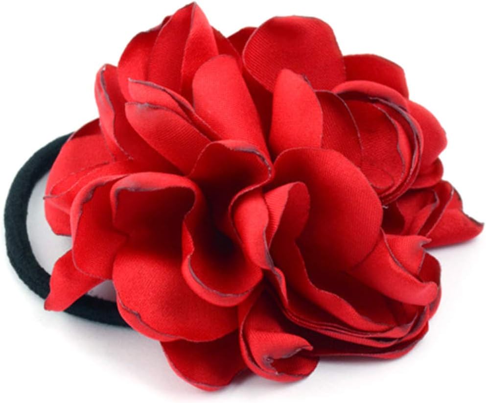 Women Girl Cloth Rose Flower Design Ponytail Holders Hair Tie Assorted Rope Rubber Bands Accessories Red 1PC